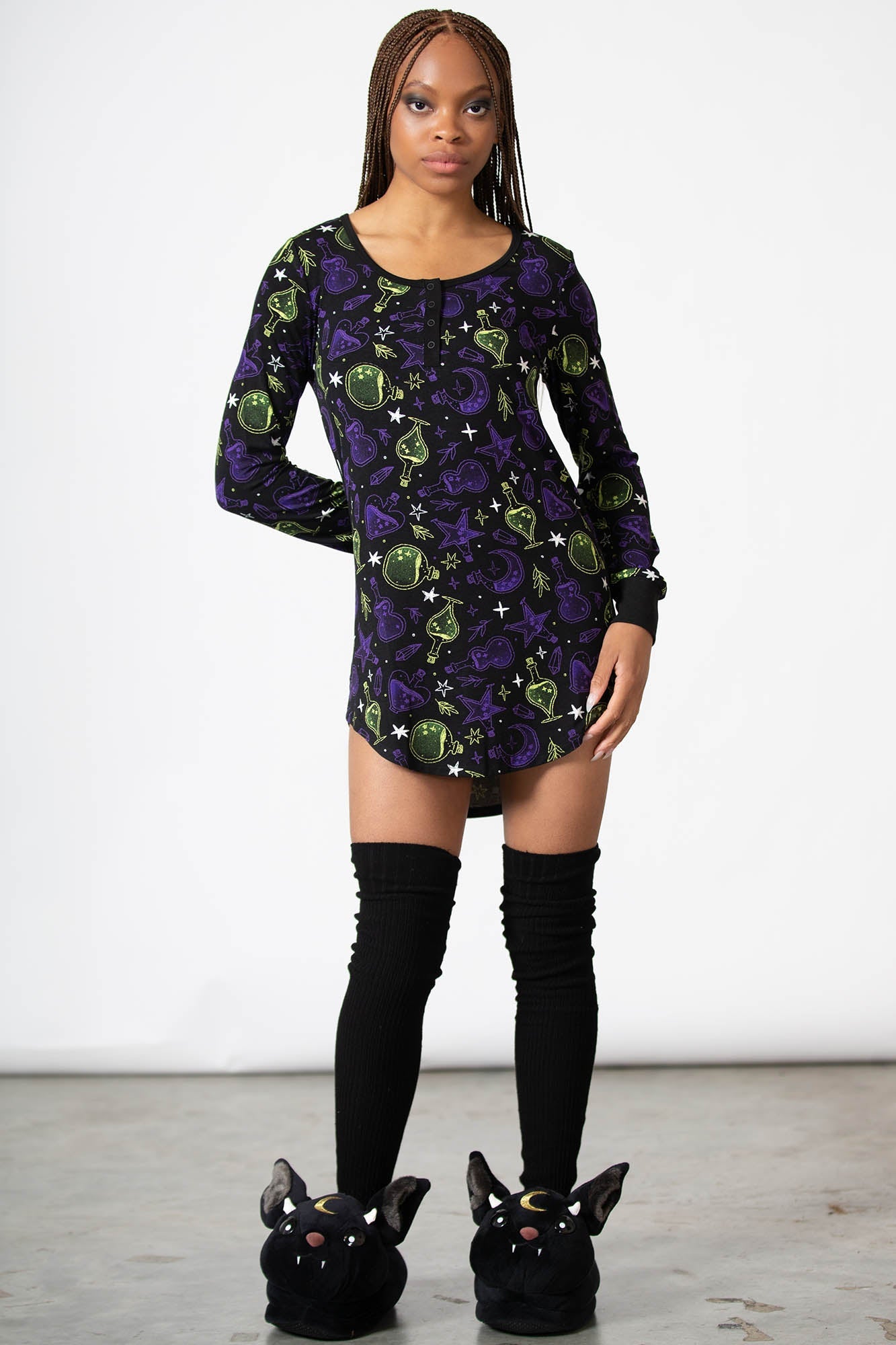 Killstar Magic Laze Long Sleeve Lounge Dress - Stretch Viscose, Fitted Hi-Low Hem