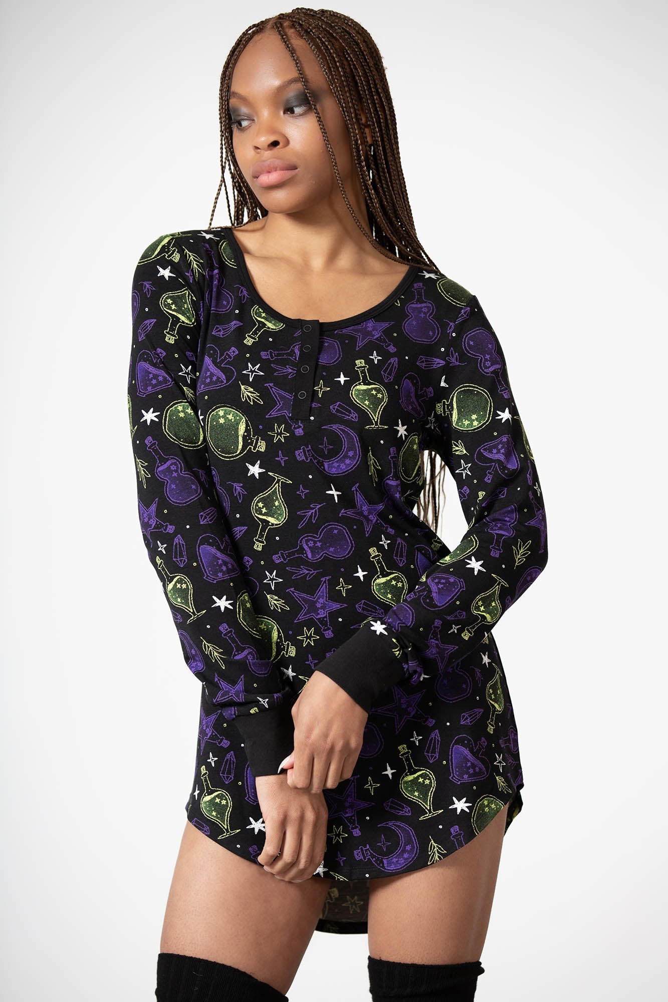 Killstar Magic Laze Long Sleeve Lounge Dress - Stretch Viscose, Fitted Hi-Low Hem