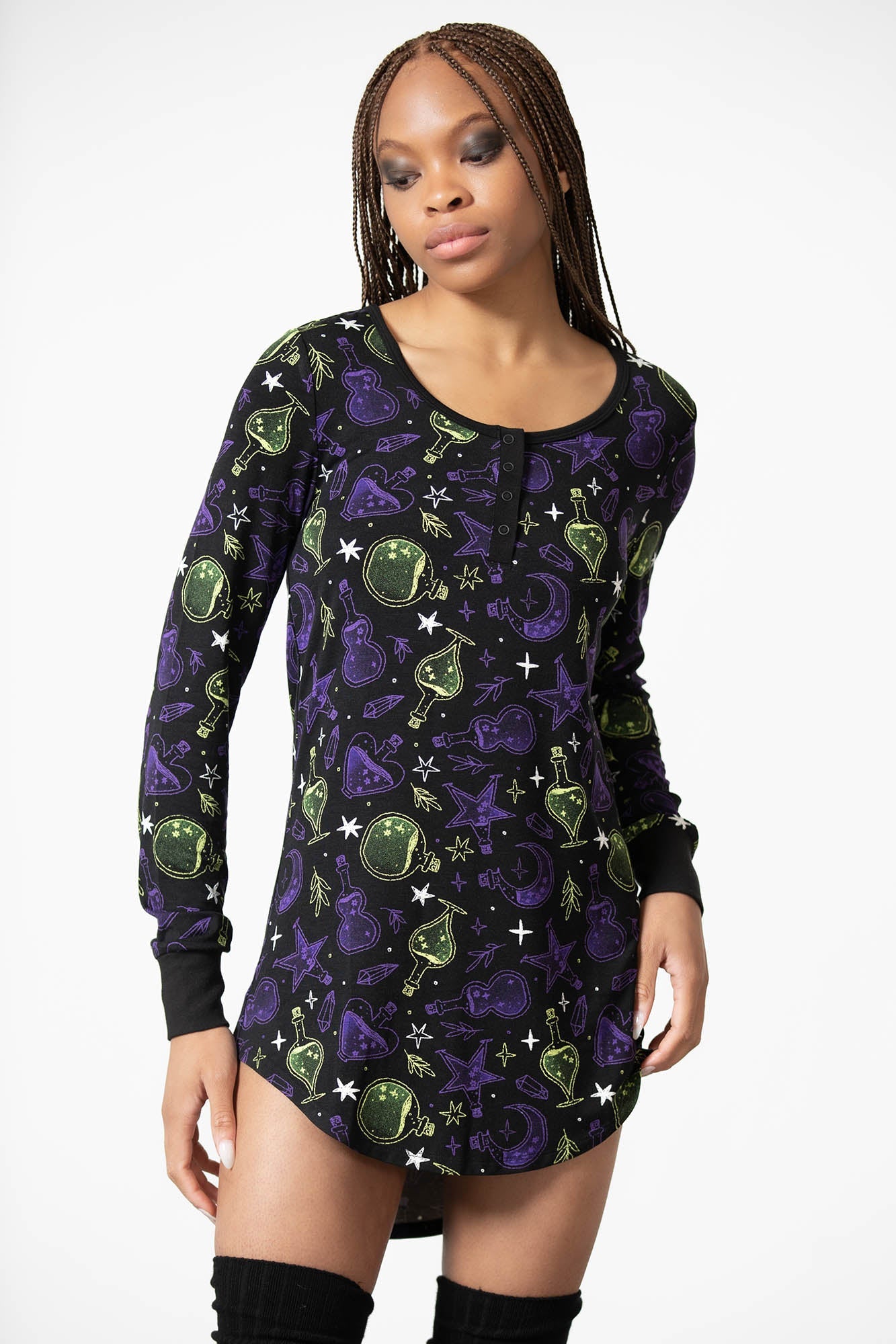 Killstar Magic Laze Long Sleeve Lounge Dress - Stretch Viscose, Fitted Hi-Low Hem
