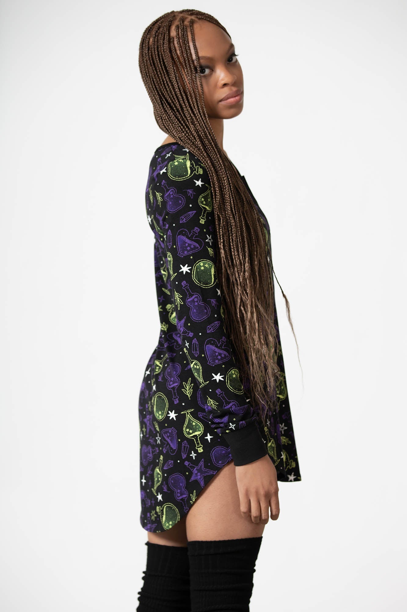 Killstar Magic Laze Long Sleeve Lounge Dress - Stretch Viscose, Fitted Hi-Low Hem