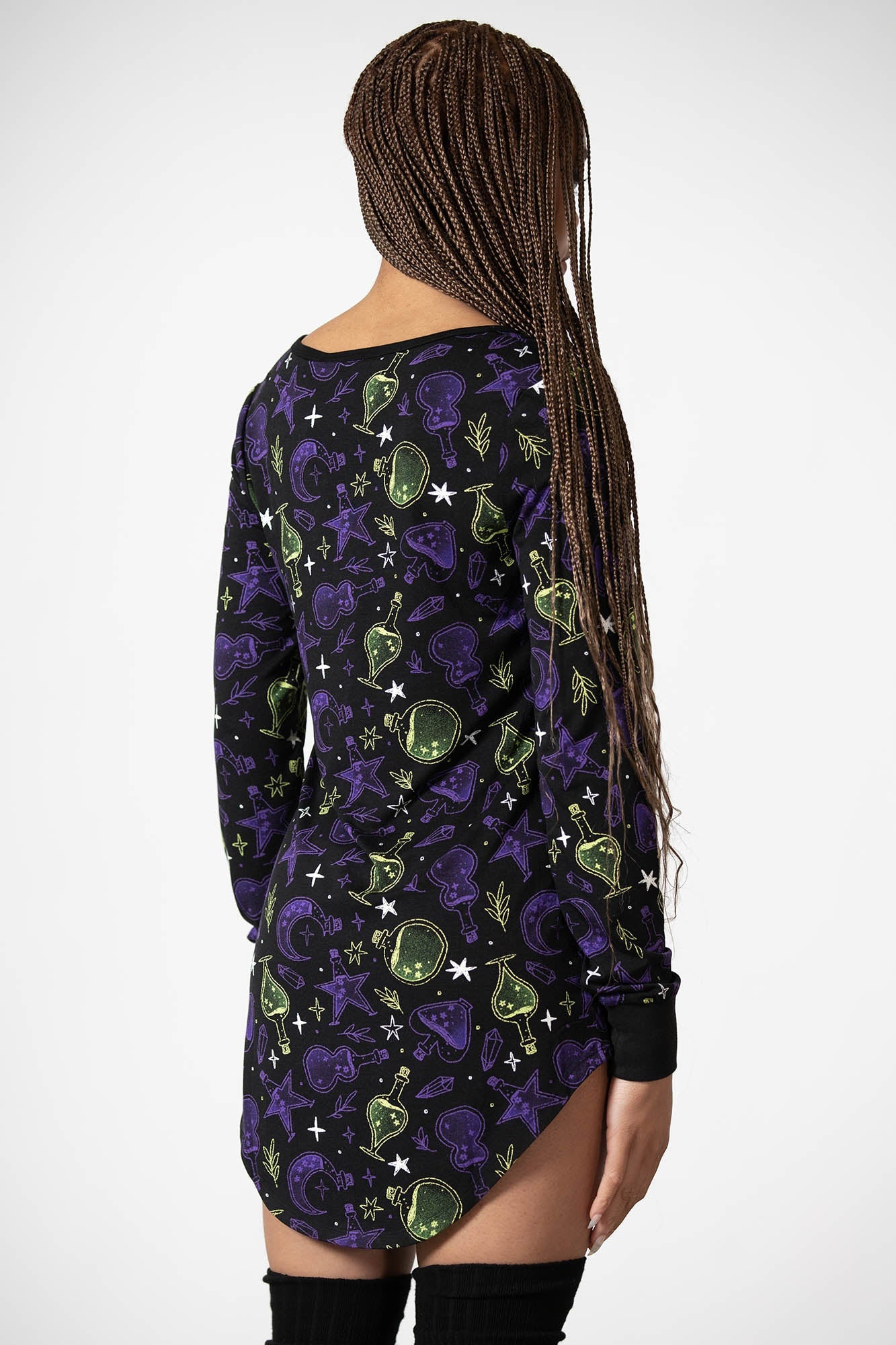 Killstar Magic Laze Long Sleeve Lounge Dress - Stretch Viscose, Fitted Hi-Low Hem