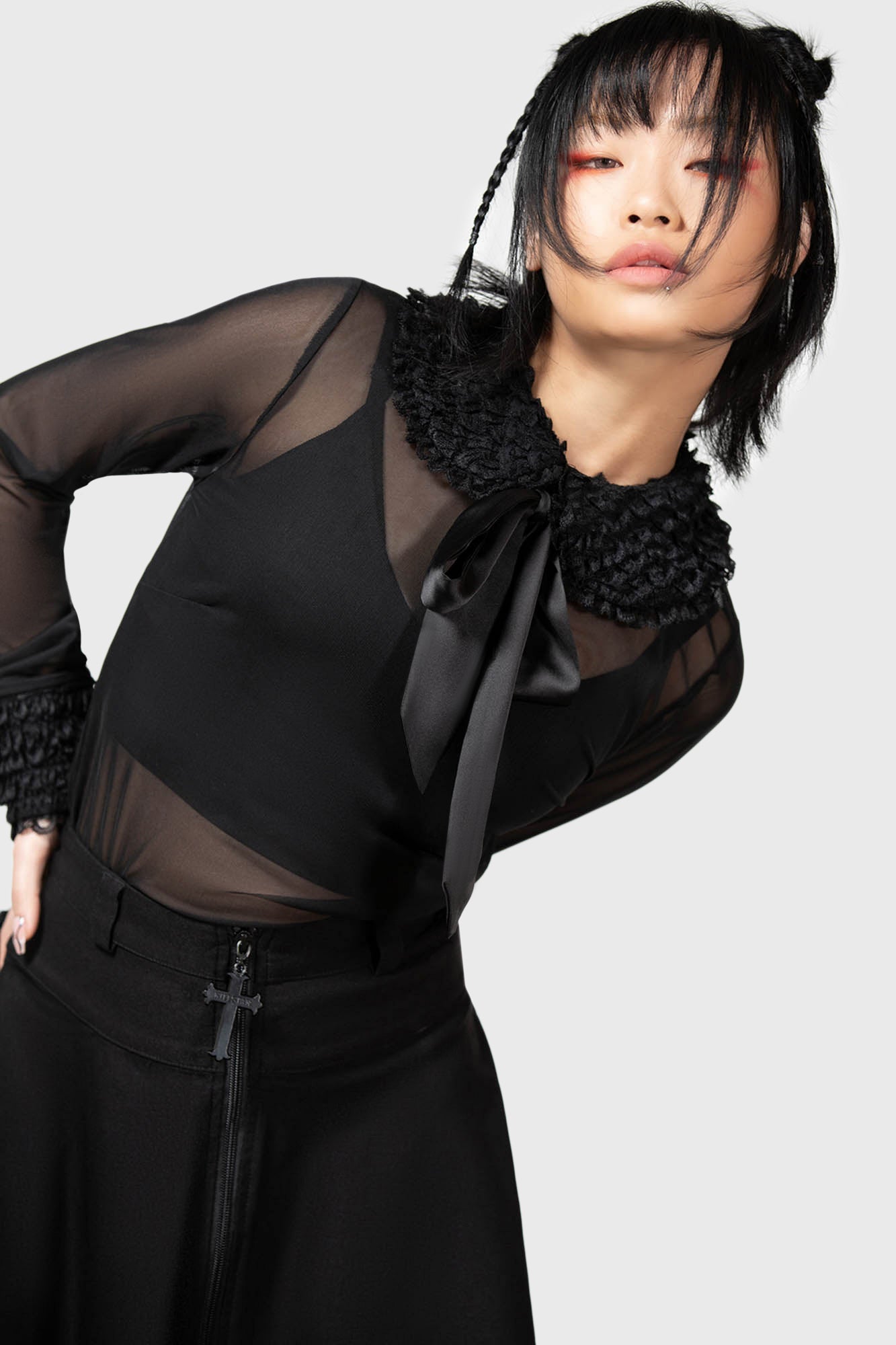 Killstar Dark Harvest Mesh Top with Ruffled Collar & Cuffs