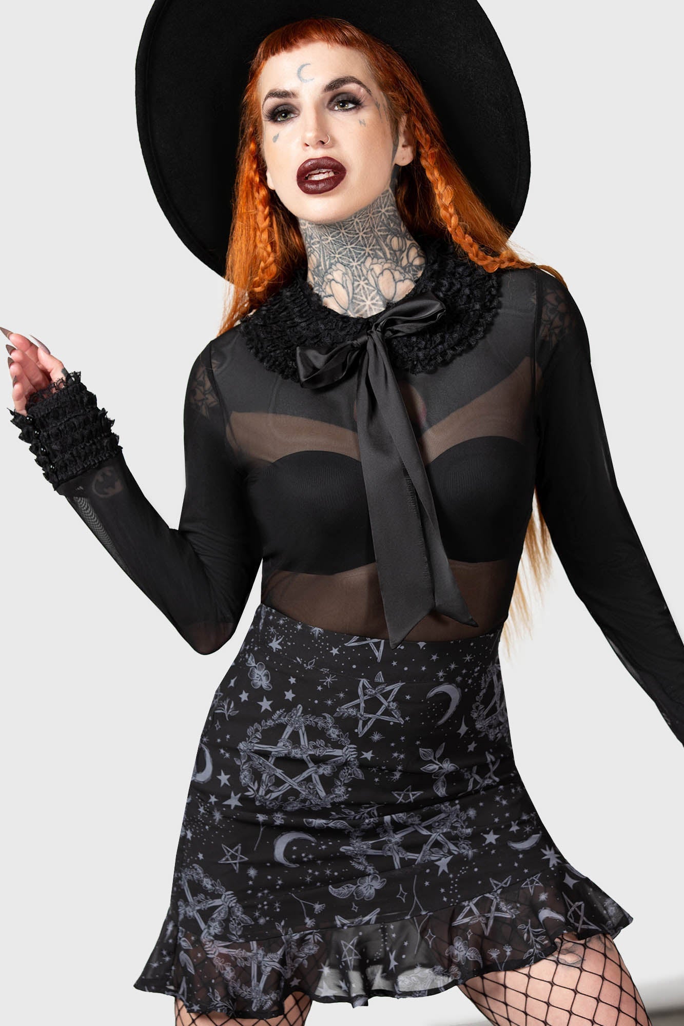 Killstar Dark Harvest Mesh Top with Ruffled Collar & Cuffs