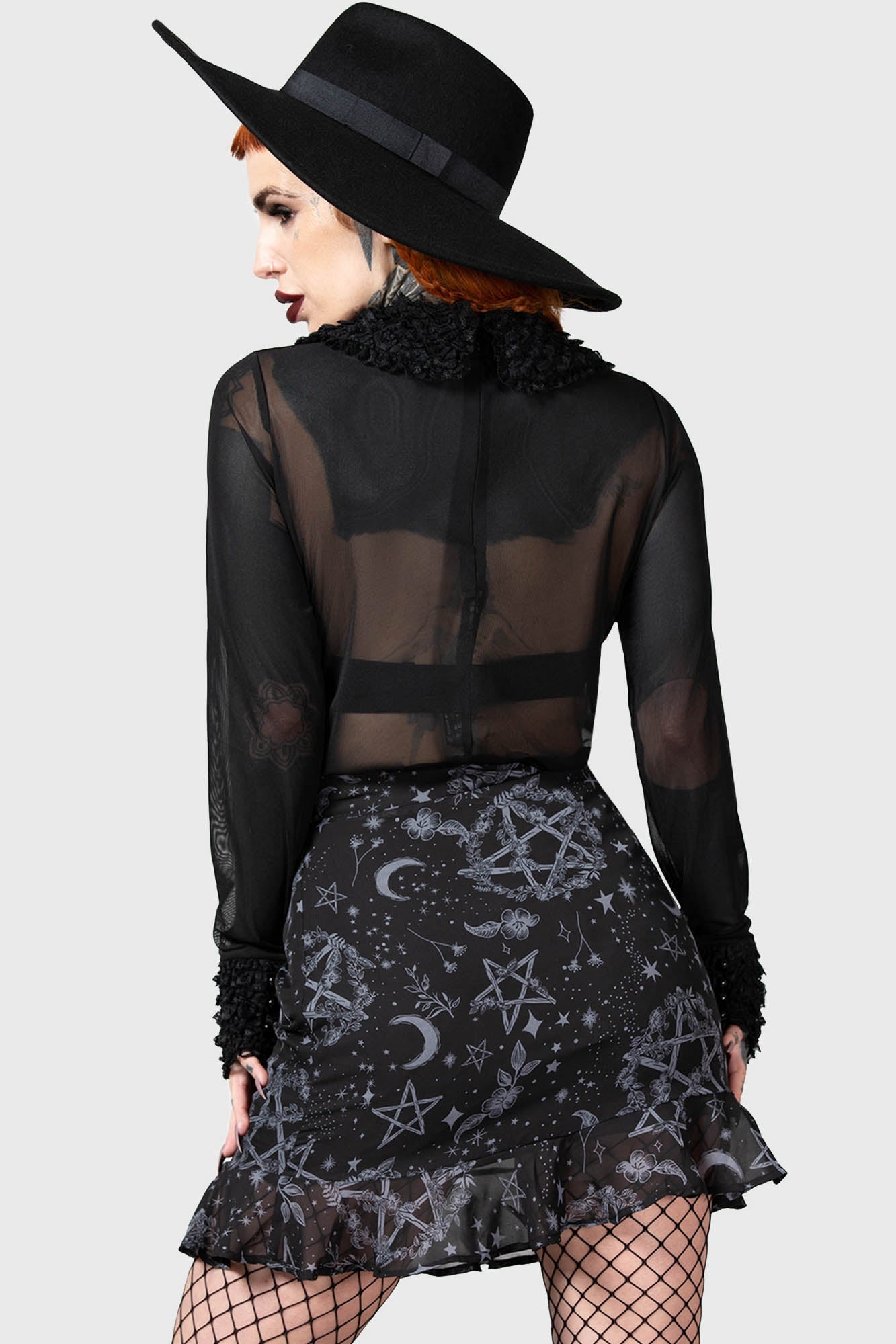 Killstar Dark Harvest Mesh Top with Ruffled Collar & Cuffs