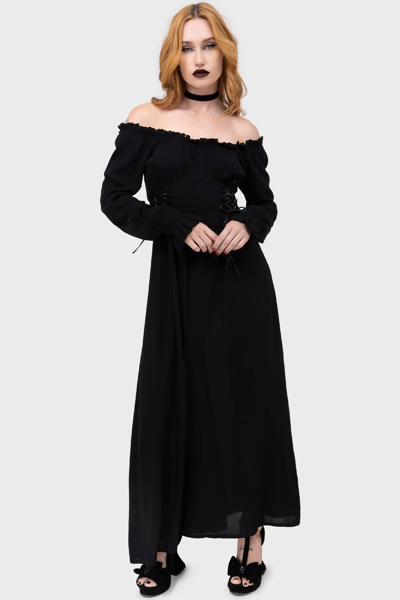 Killstar Jocasta Lace-Up Maxi Dress with Bardot Neckline