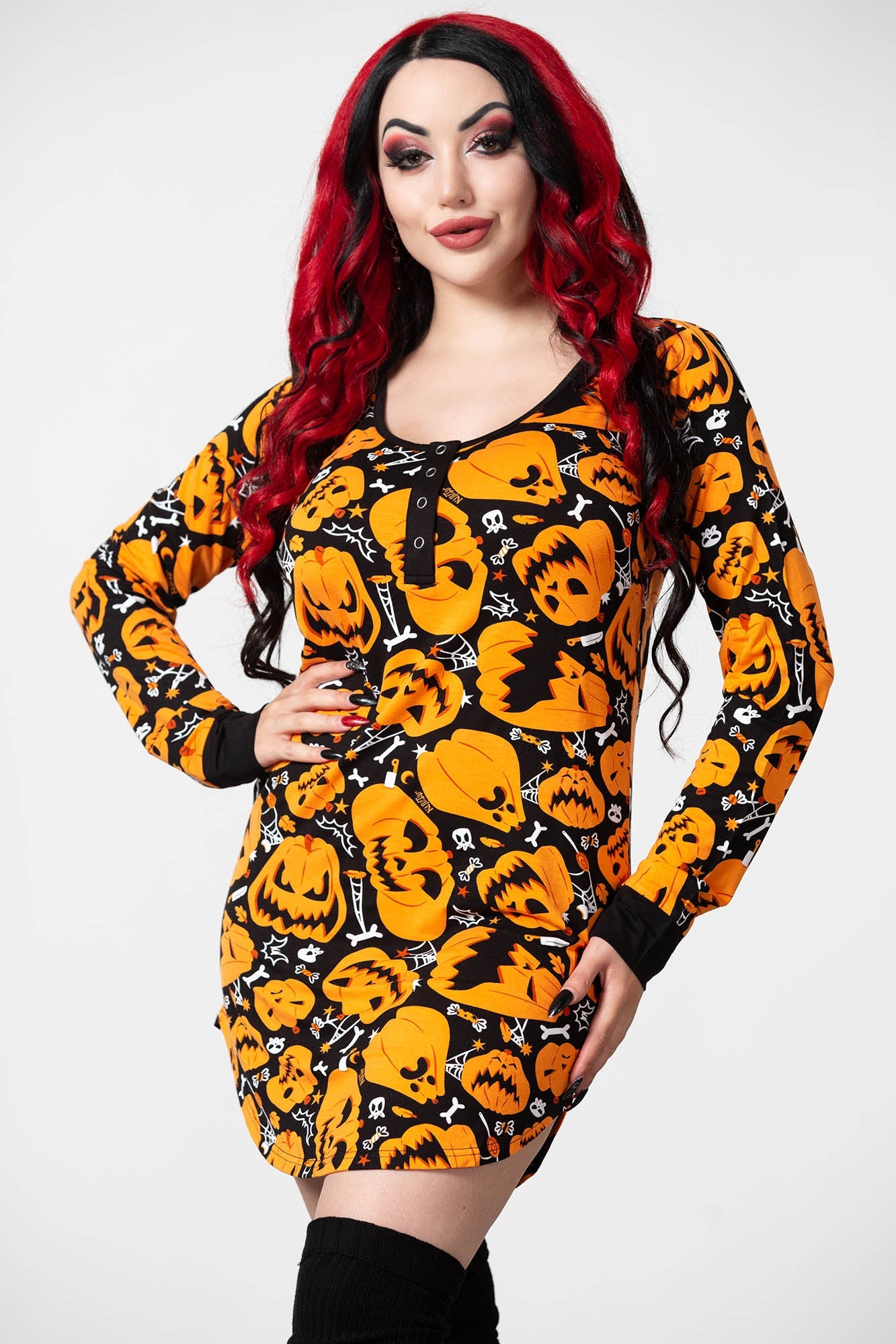 Killstar Night Harvest Henley Dress - Soft Stretch Print Scoop Neck