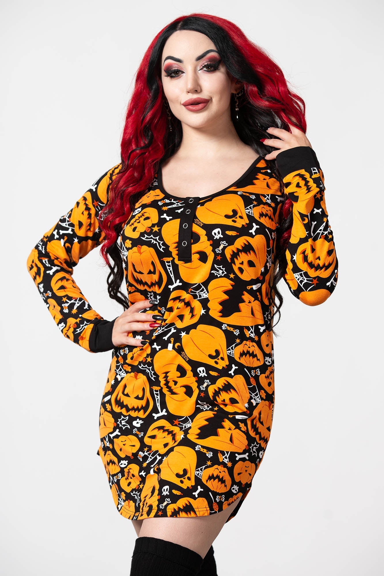 Killstar Night Harvest Henley Dress - Soft Stretch Print Scoop Neck