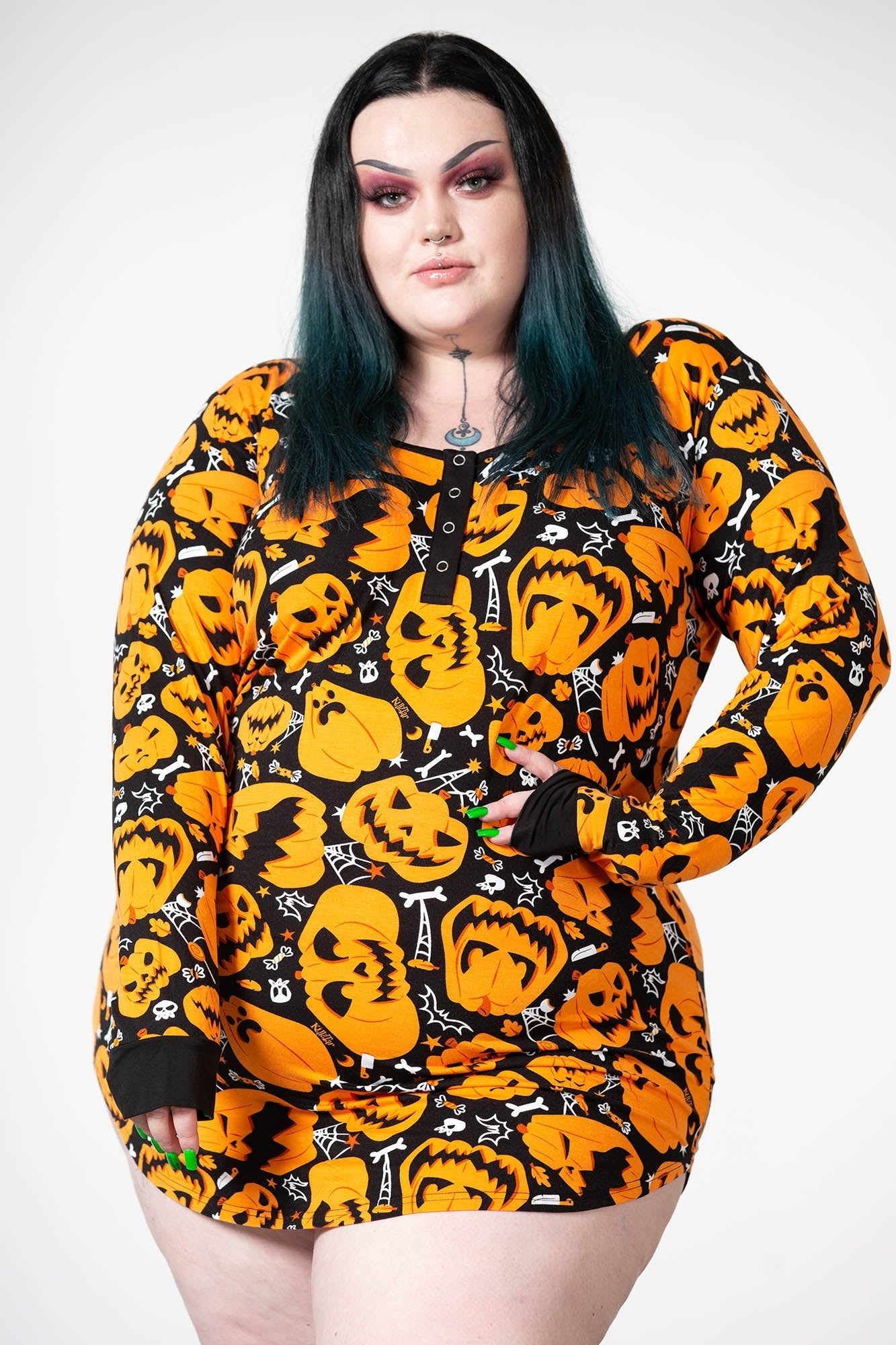 Killstar Night Harvest Henley Dress - Soft Stretch Print Scoop Neck