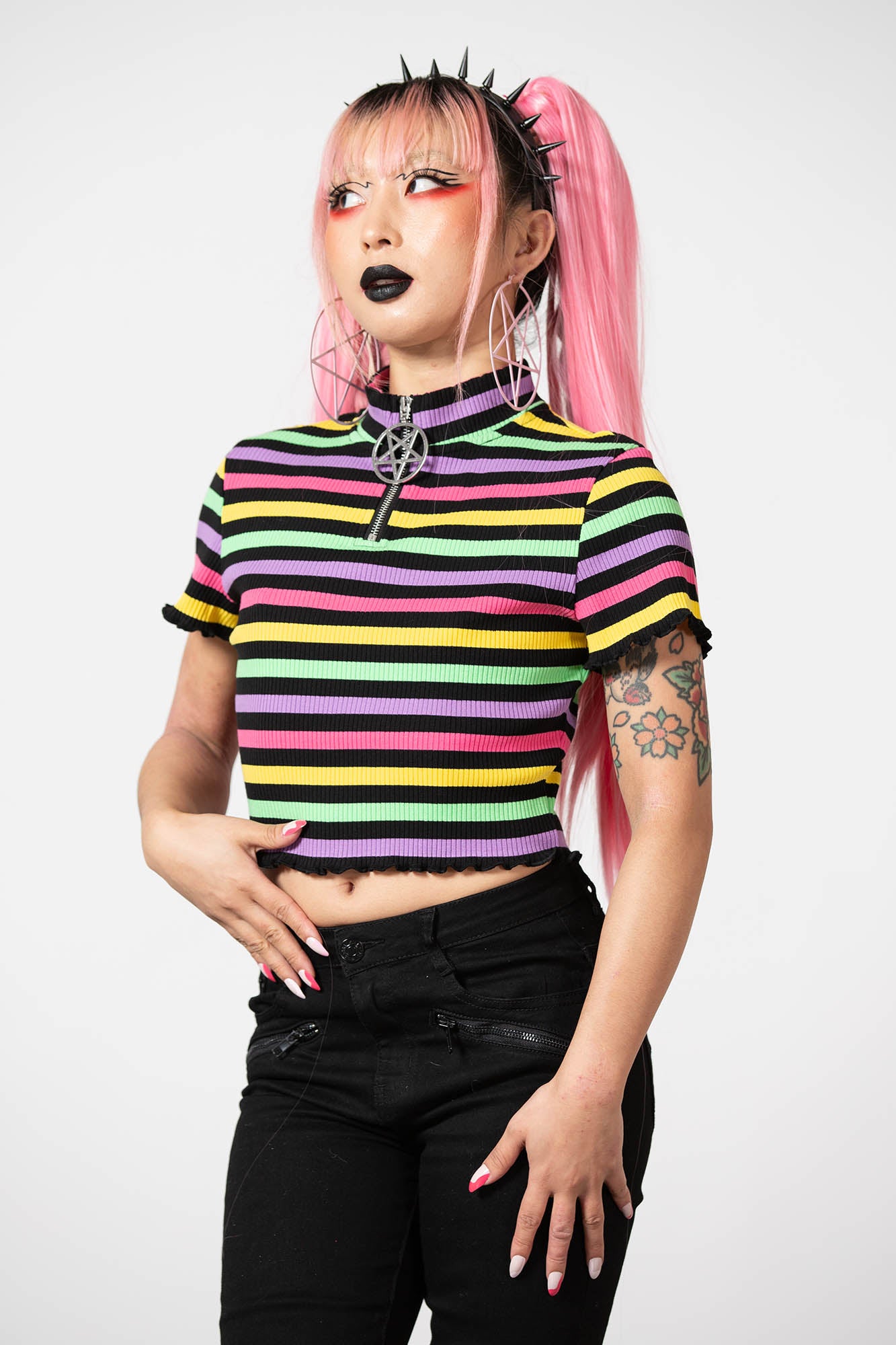 Killstar Rainbow Ribbed Crop Top with Pentagram Zip