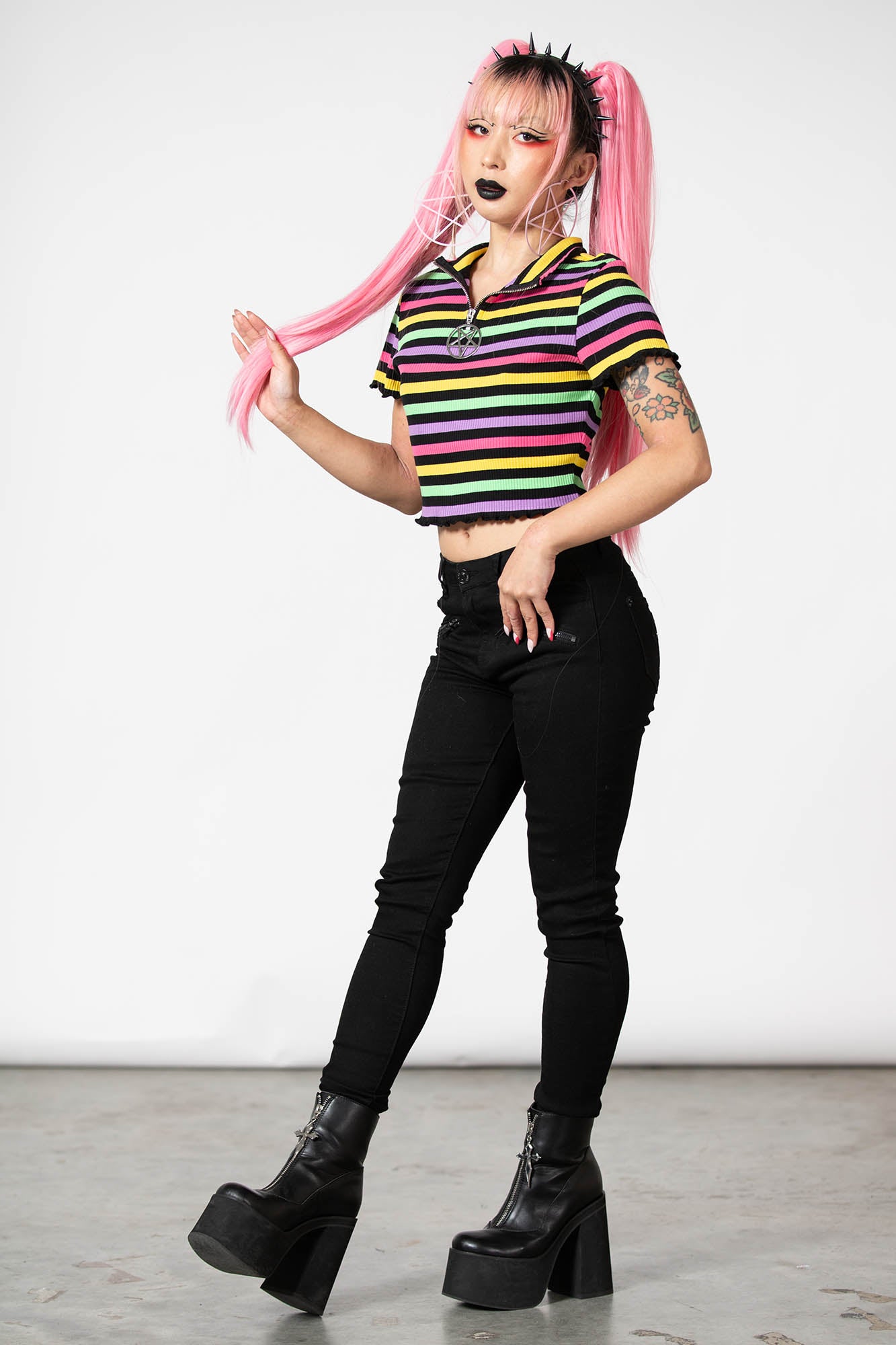 Killstar Rainbow Ribbed Crop Top with Pentagram Zip