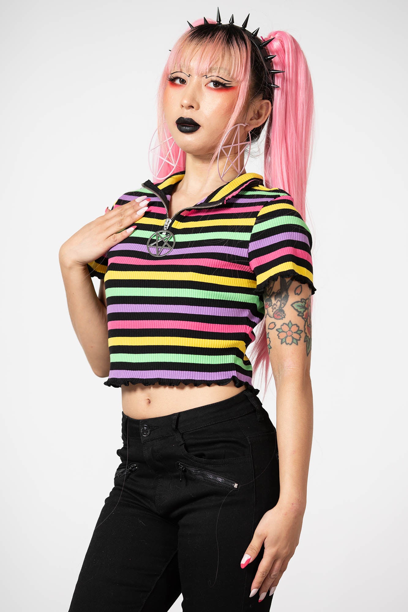 Killstar Rainbow Ribbed Crop Top with Pentagram Zip