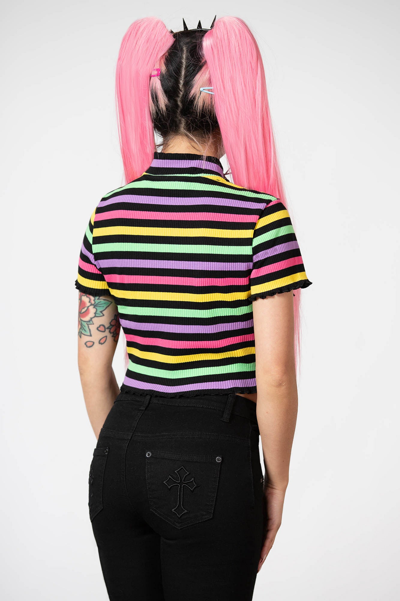 Killstar Rainbow Ribbed Crop Top with Pentagram Zip