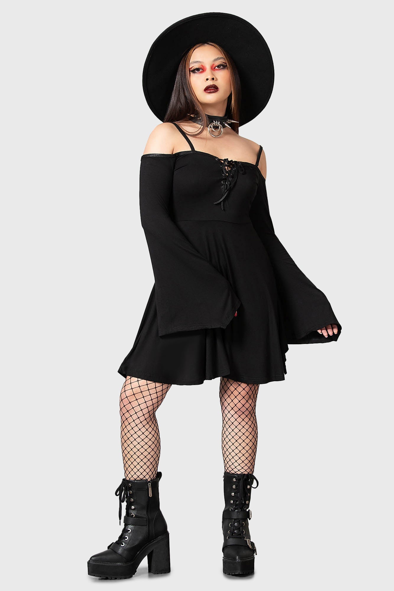 Killstar 4th Dimension Bardot Dress with Lace-Up Detail