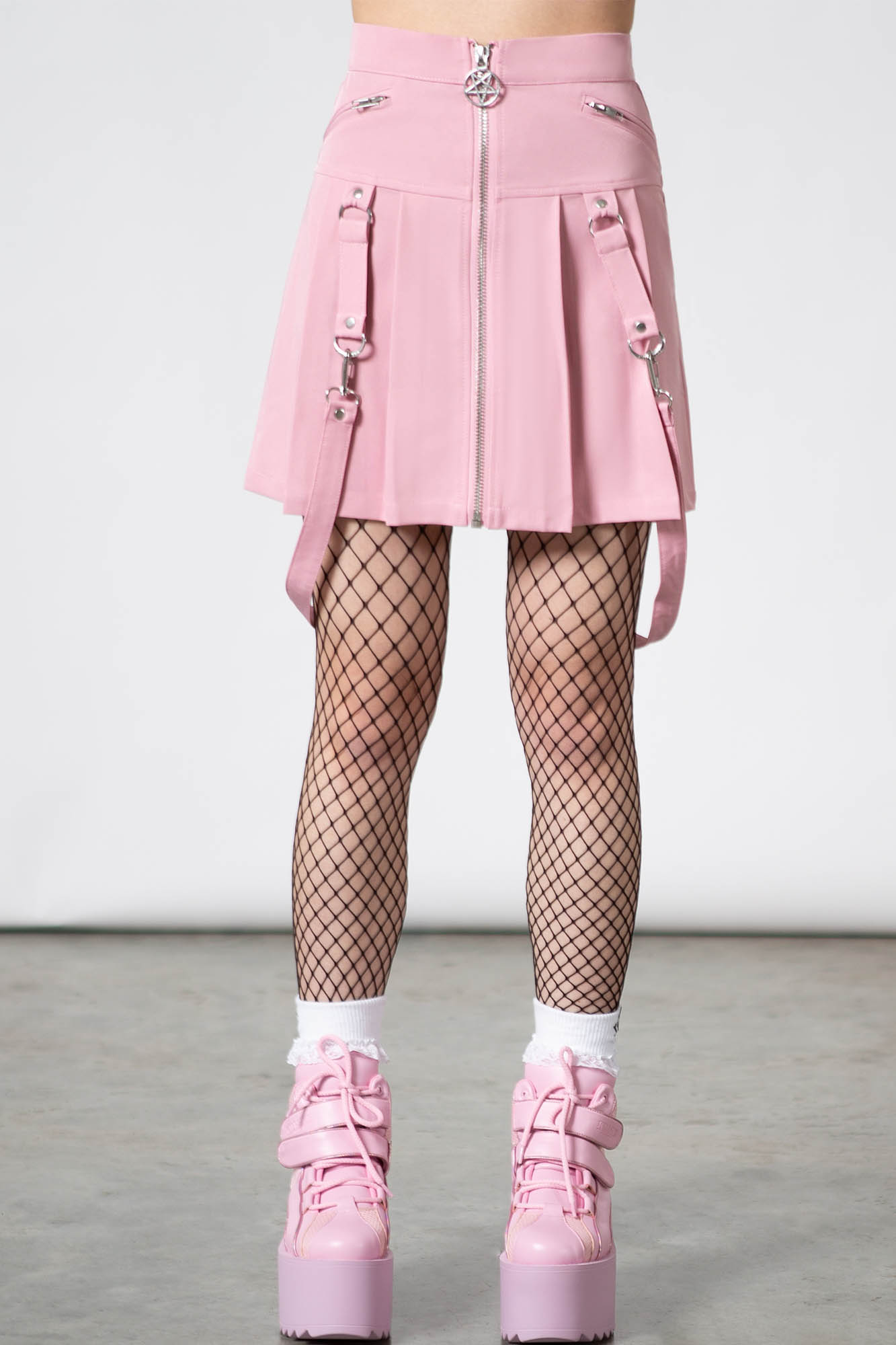 Killstar Blaire Pastel Pink Pleated Mini Skirt with Pentagram Hardware
