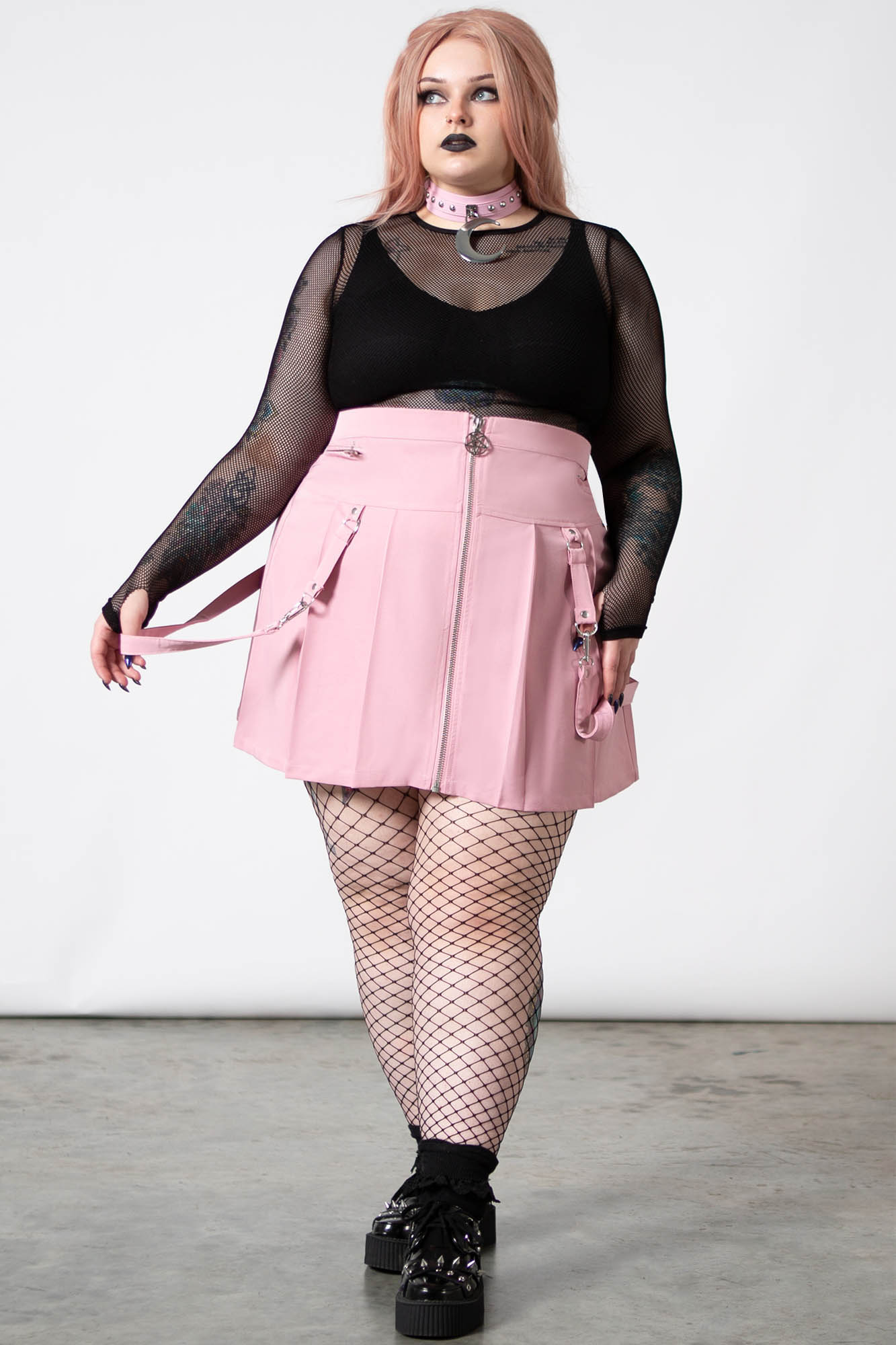 Killstar Blaire Pastel Pink Pleated Mini Skirt with Pentagram Hardware
