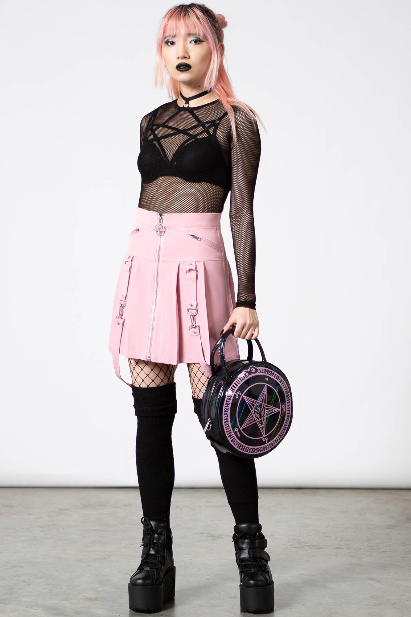 Killstar Blaire Pastel Pink Pleated Mini Skirt with Pentagram Hardware