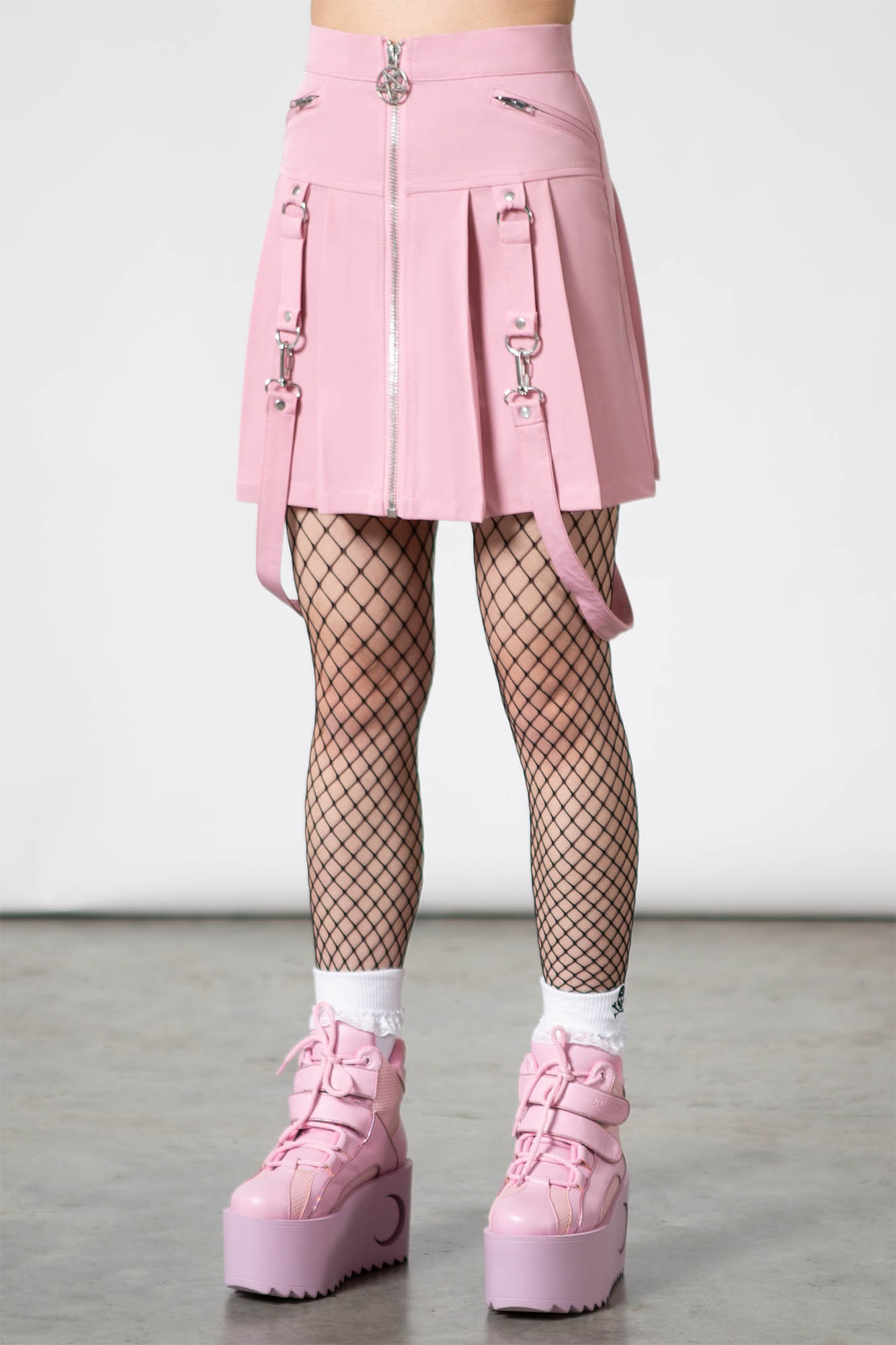 Killstar Blaire Pastel Pink Pleated Mini Skirt with Pentagram Hardware