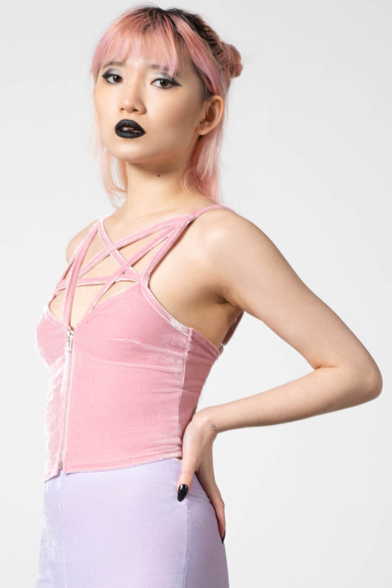 Killstar Pastel Pink Crushed Velvet Zip Top with Pentagram
