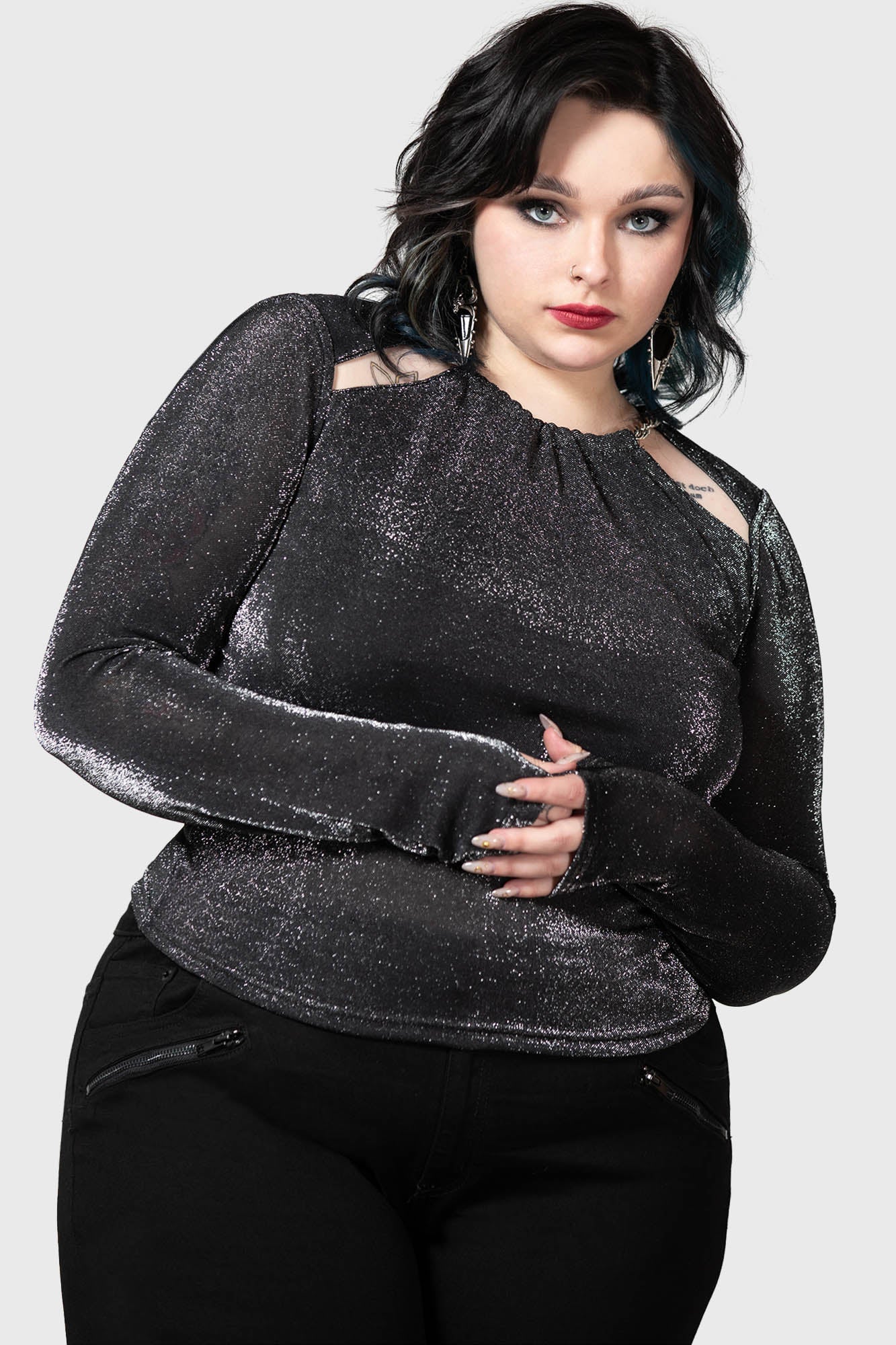 Killstar Metals Reflection Glitter Top with Moon Pendant & Cutouts