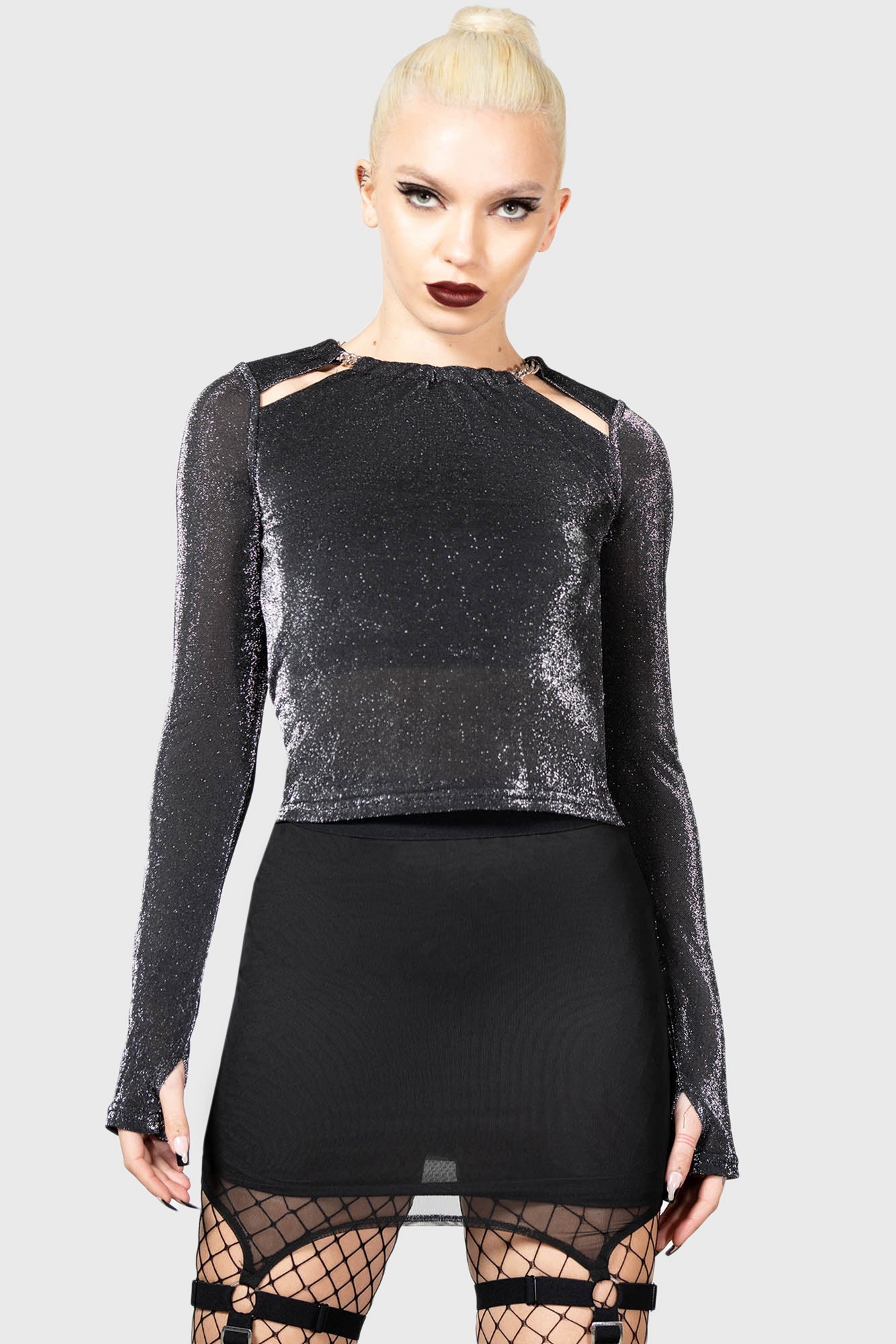 Killstar Metals Reflection Glitter Top with Moon Pendant & Cutouts