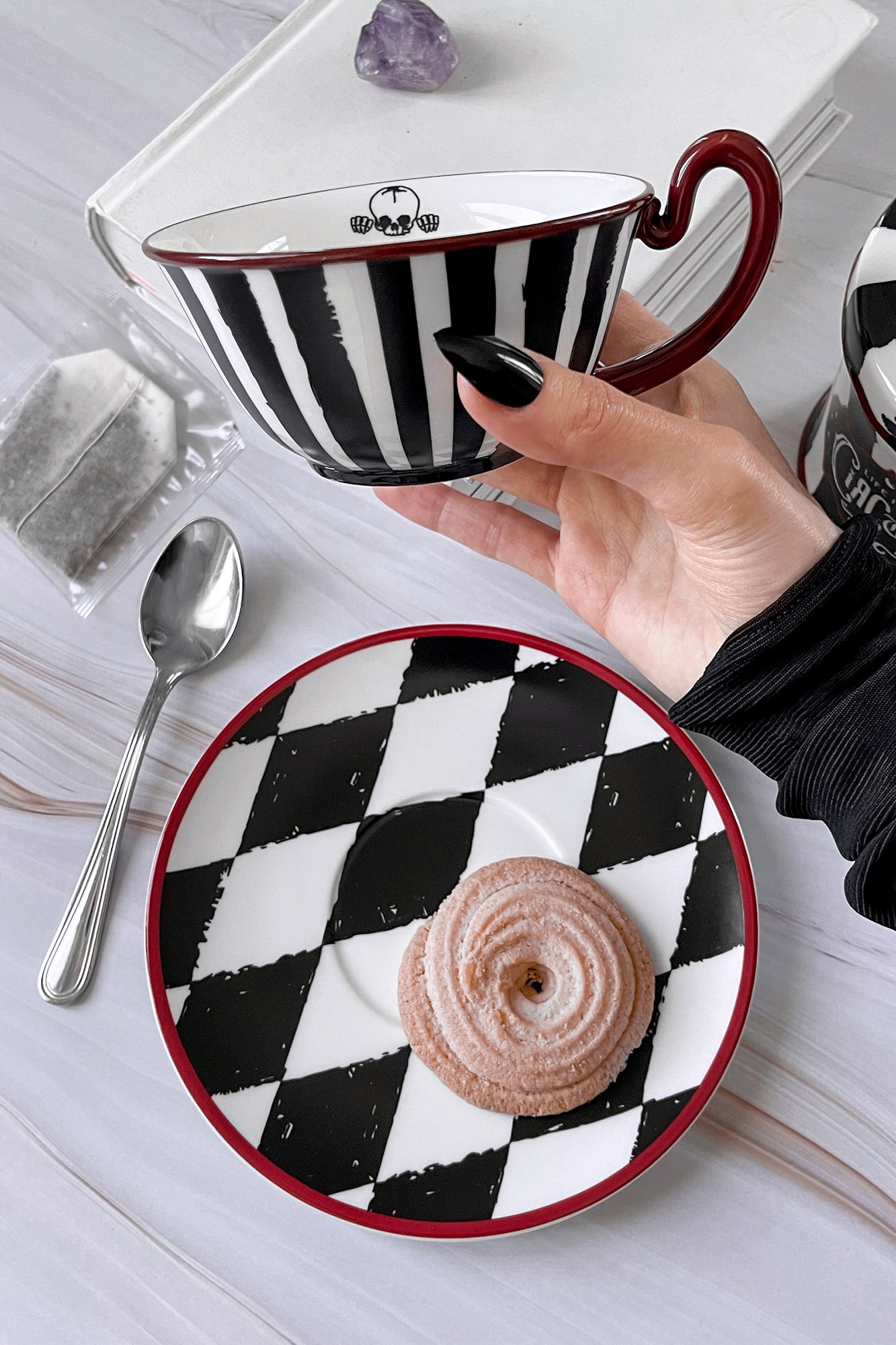 Killstar Calagari Porcelain Teacup & Saucer Set - 200ml, Gothic Pattern