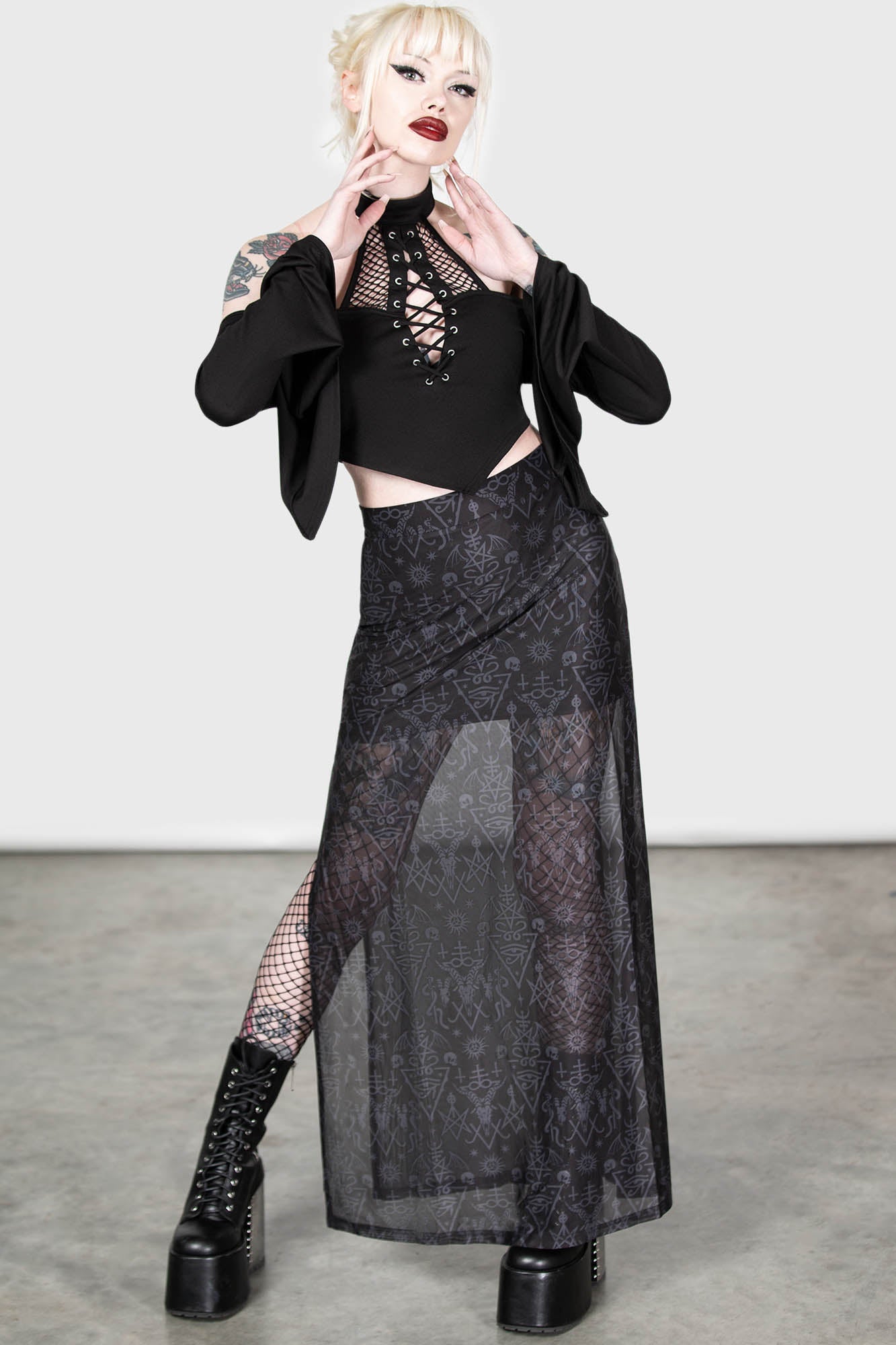 Baphy Maxi Skirt with Statement Print & Leg Slits - Killstar