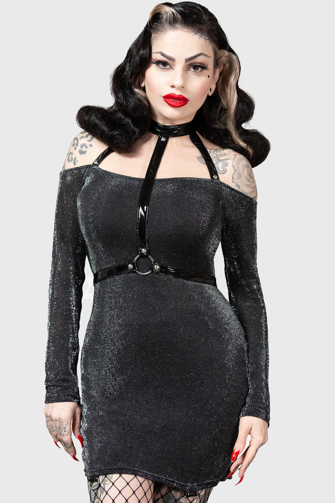 Killstar Valak Glitter Bodycon Dress with Faux Leather Straps