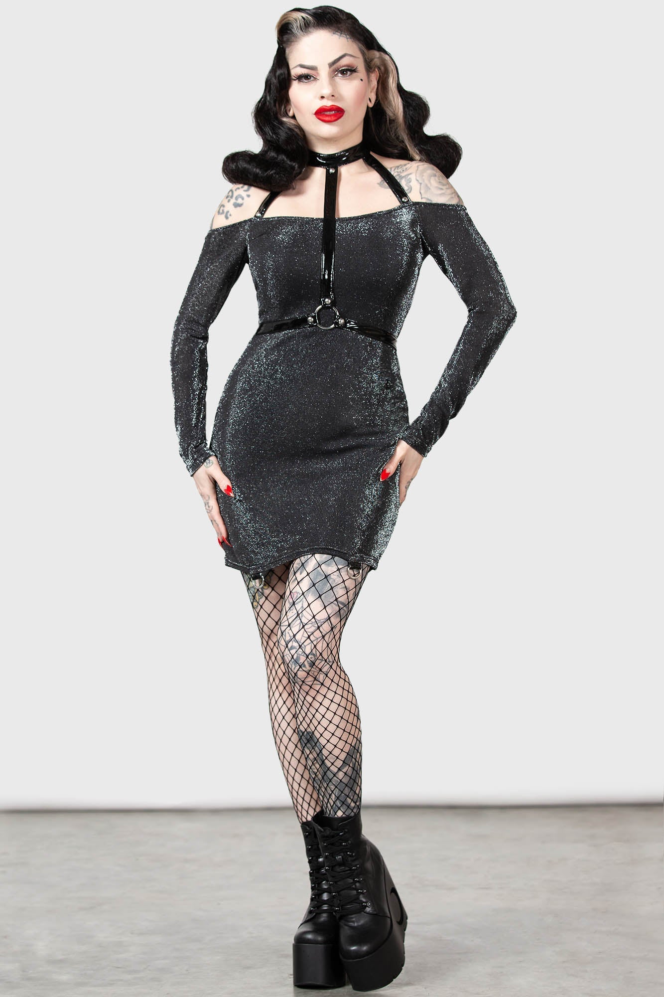 Killstar Valak Glitter Bodycon Dress with Faux Leather Straps