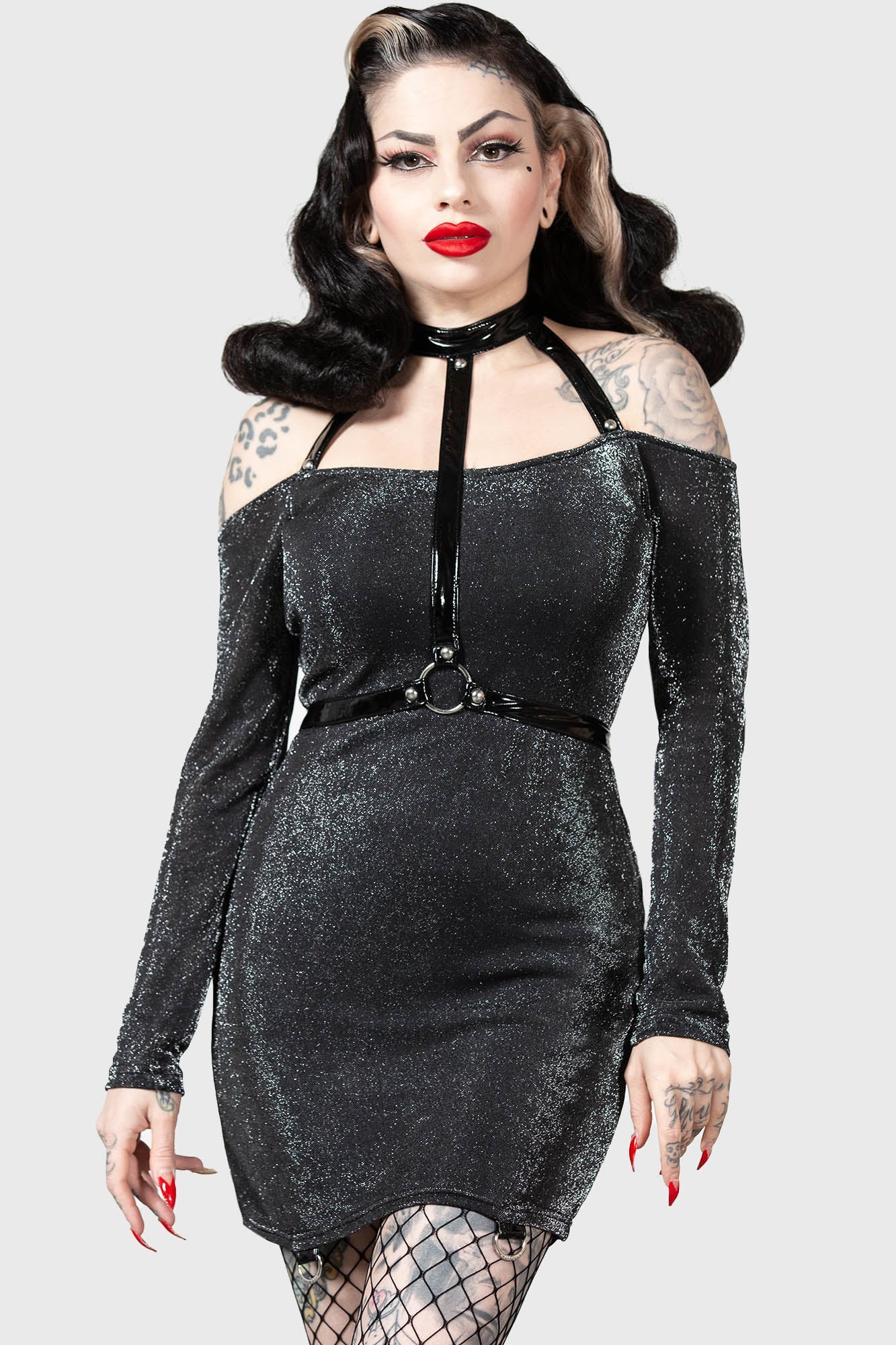 Killstar Valak Glitter Bodycon Dress with Faux Leather Straps
