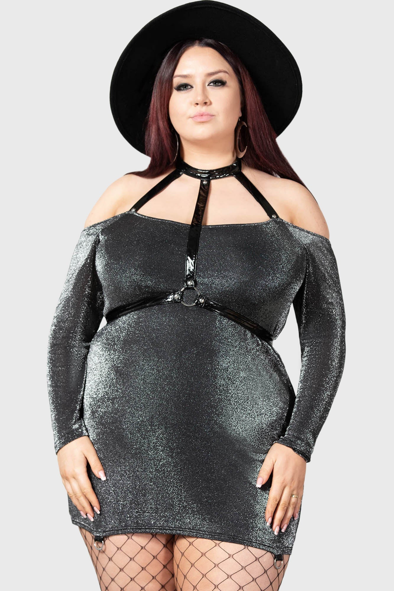 Killstar Valak Glitter Bodycon Dress with Faux Leather Straps