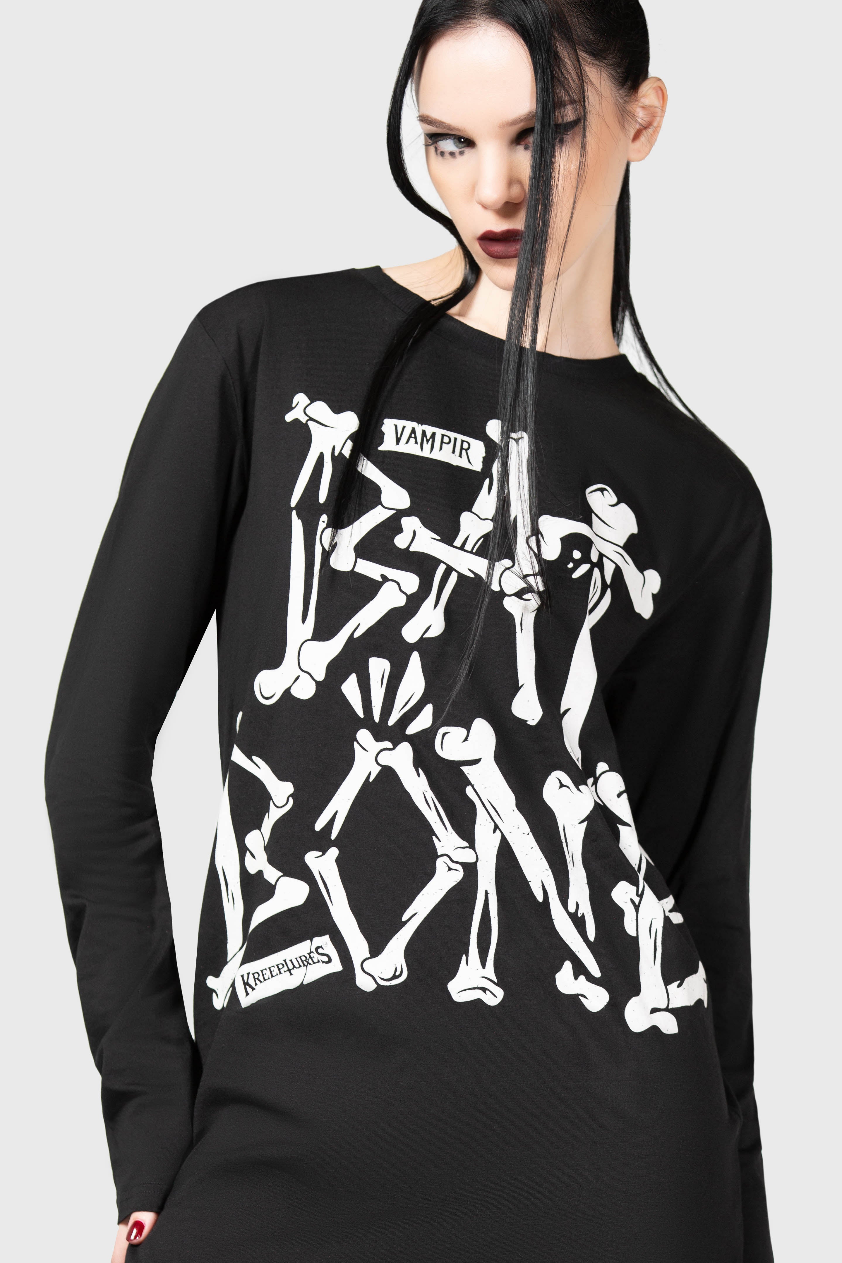 Killstar Batbone Long Sleeve Cotton Top - Unisex Graphic Tee