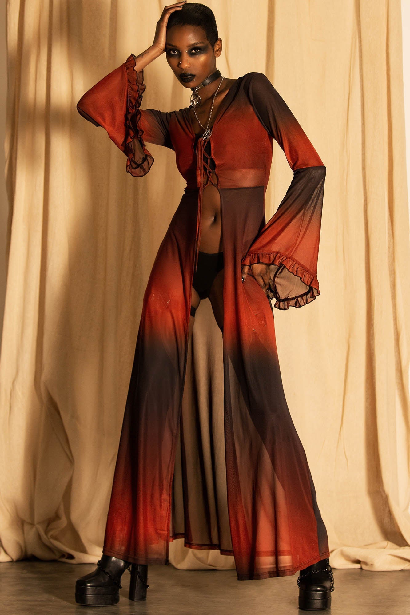 Killstar Red Ombre Mesh Cape with Flared Sleeves