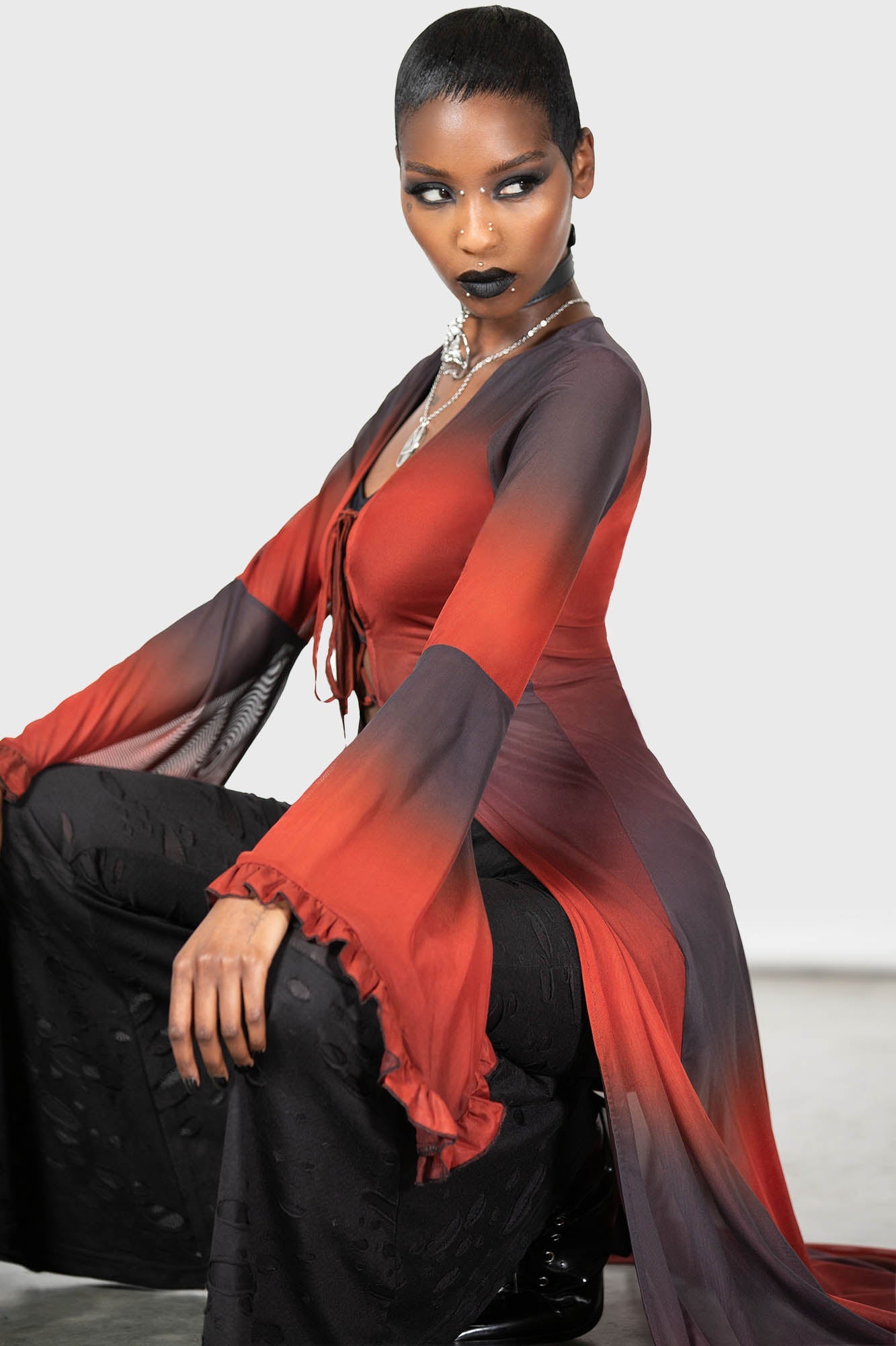 Killstar Red Ombre Mesh Cape with Flared Sleeves