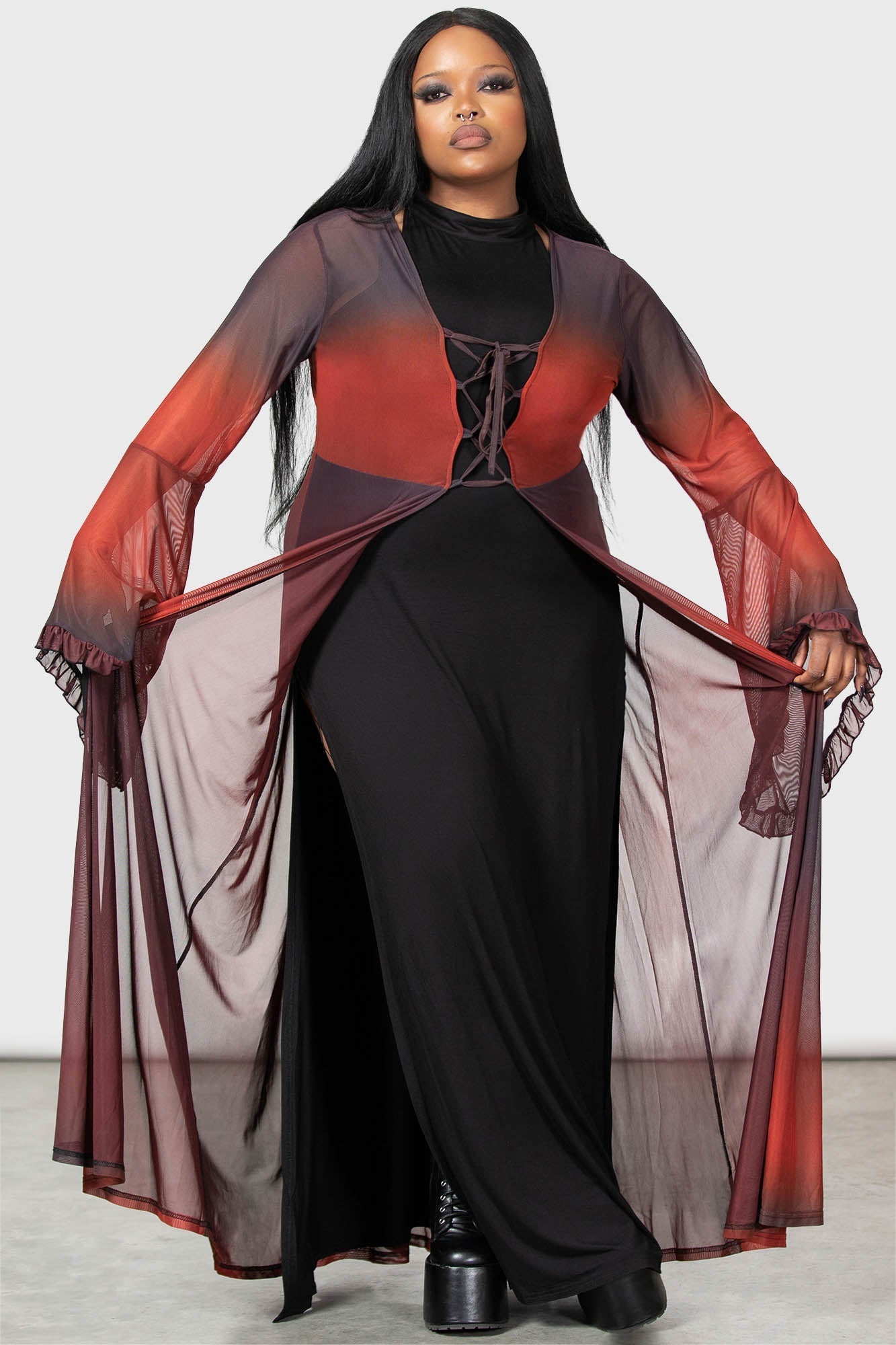 Killstar Red Ombre Mesh Cape with Flared Sleeves
