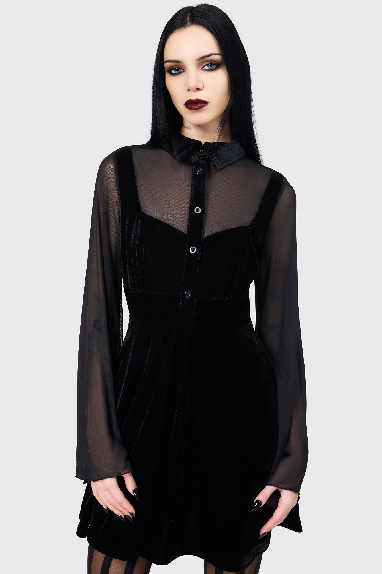 Killstar Shadowcaster Velvet Mini Dress with Mesh Insert