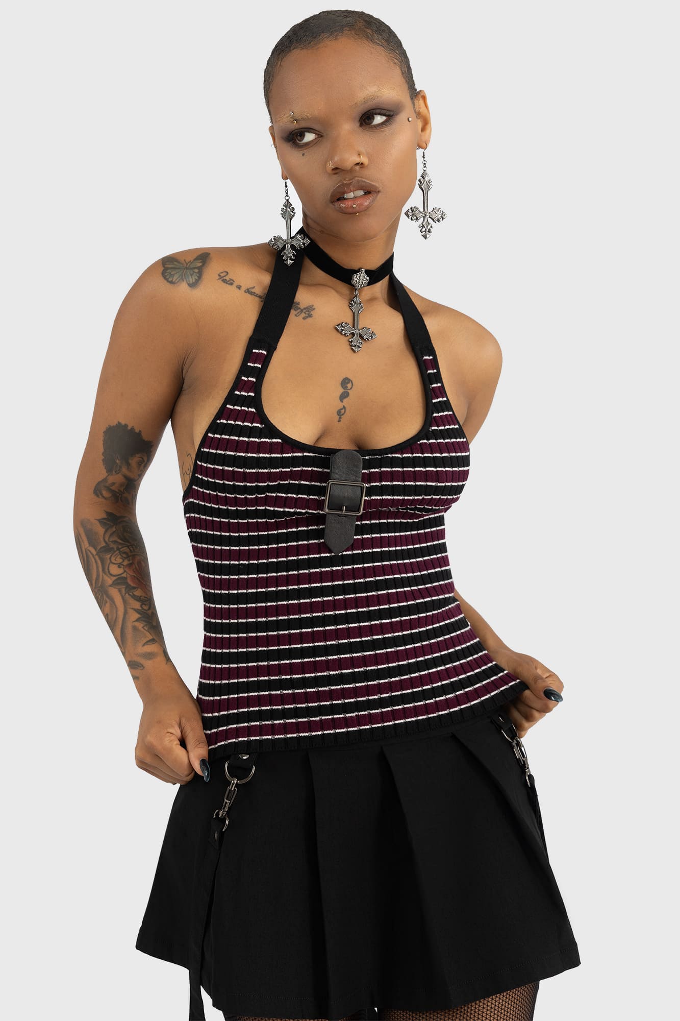 Killstar Banished Striped Halter Vest - Black & Red Ribbed Knit
