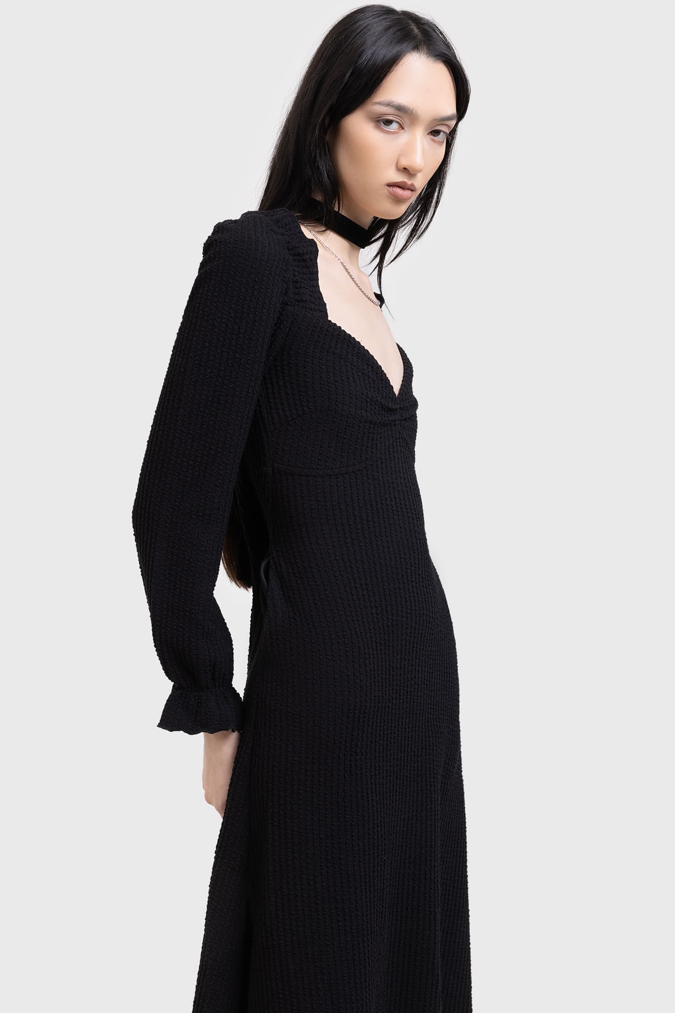 Kihlist Shadow Weave Maxi Dress with Ruffle Detail & Back Tie