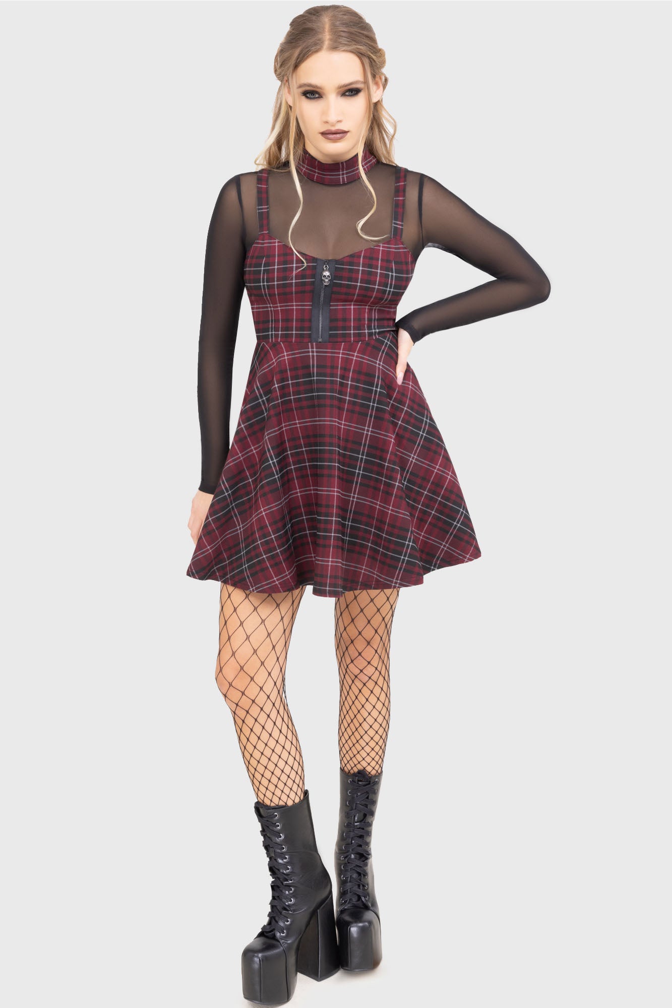 Killstar Tartan Riot Skater Dress with Mesh & Zip Detail - Burgundy