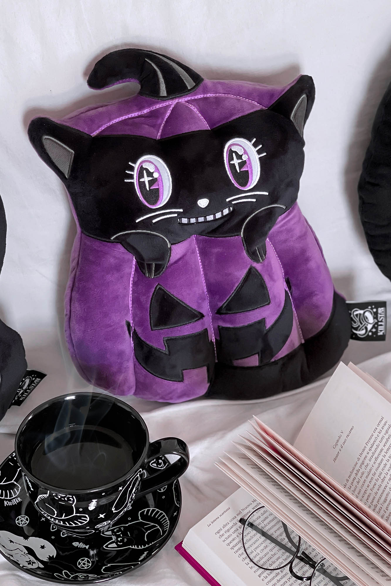 Killstar Meowloween Cat & Pumpkin Gothic Cushion - 38cm