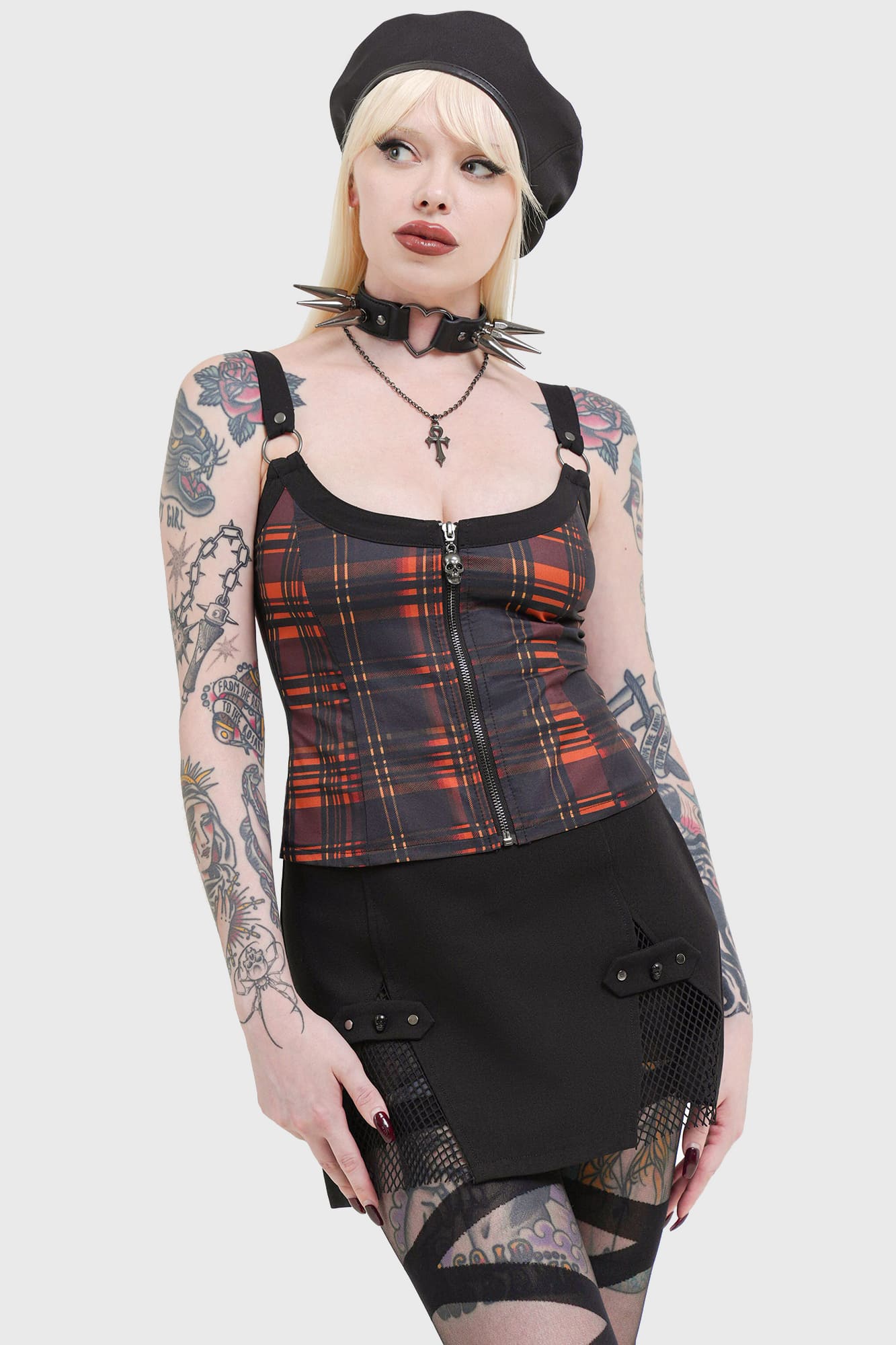 KILLSTAR Amberic Orange Tartan Zip Top with Skull Puller