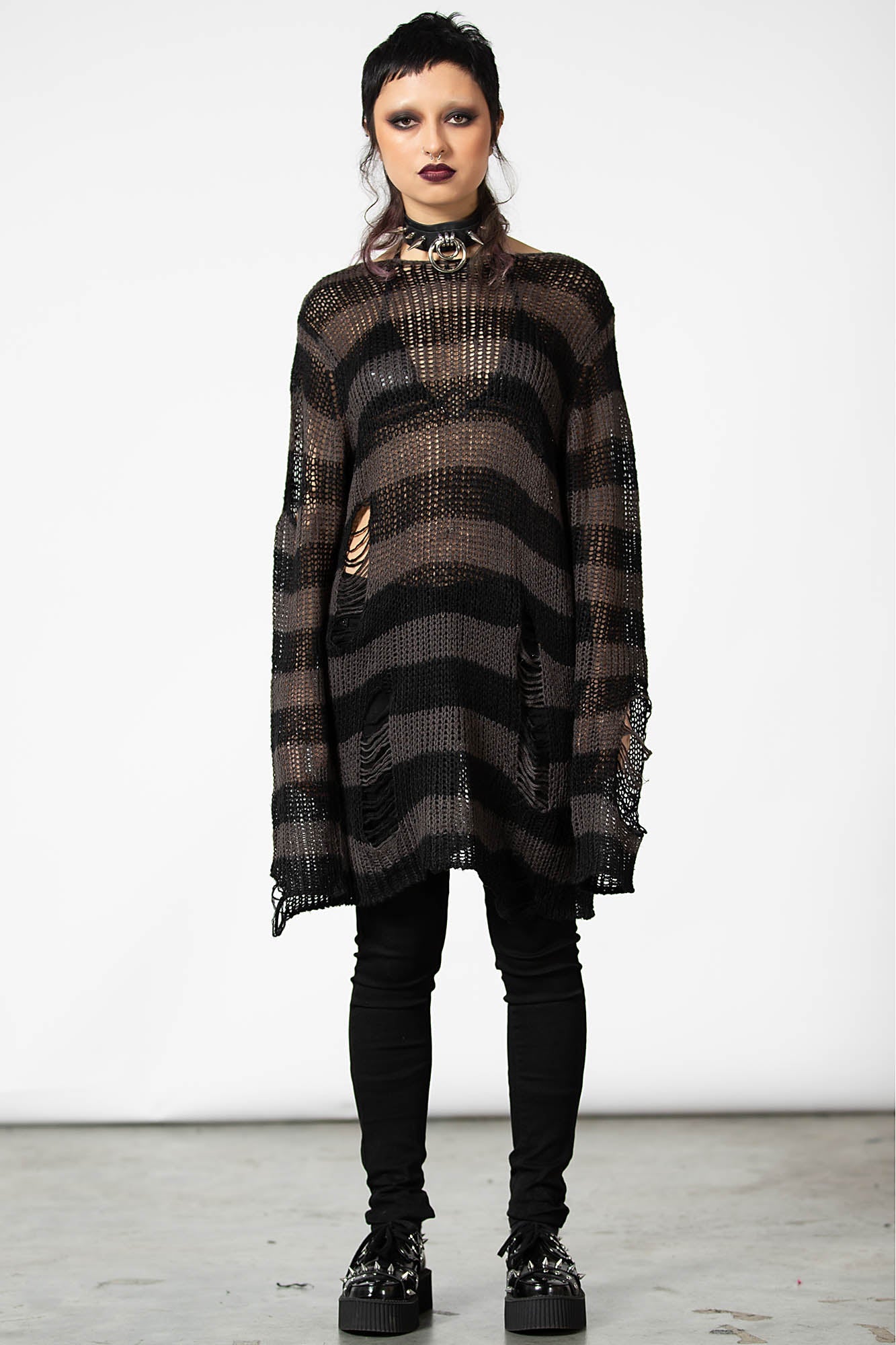 Killstar Ash Distress Knit Sweater - Long Relaxed Fit Stripe