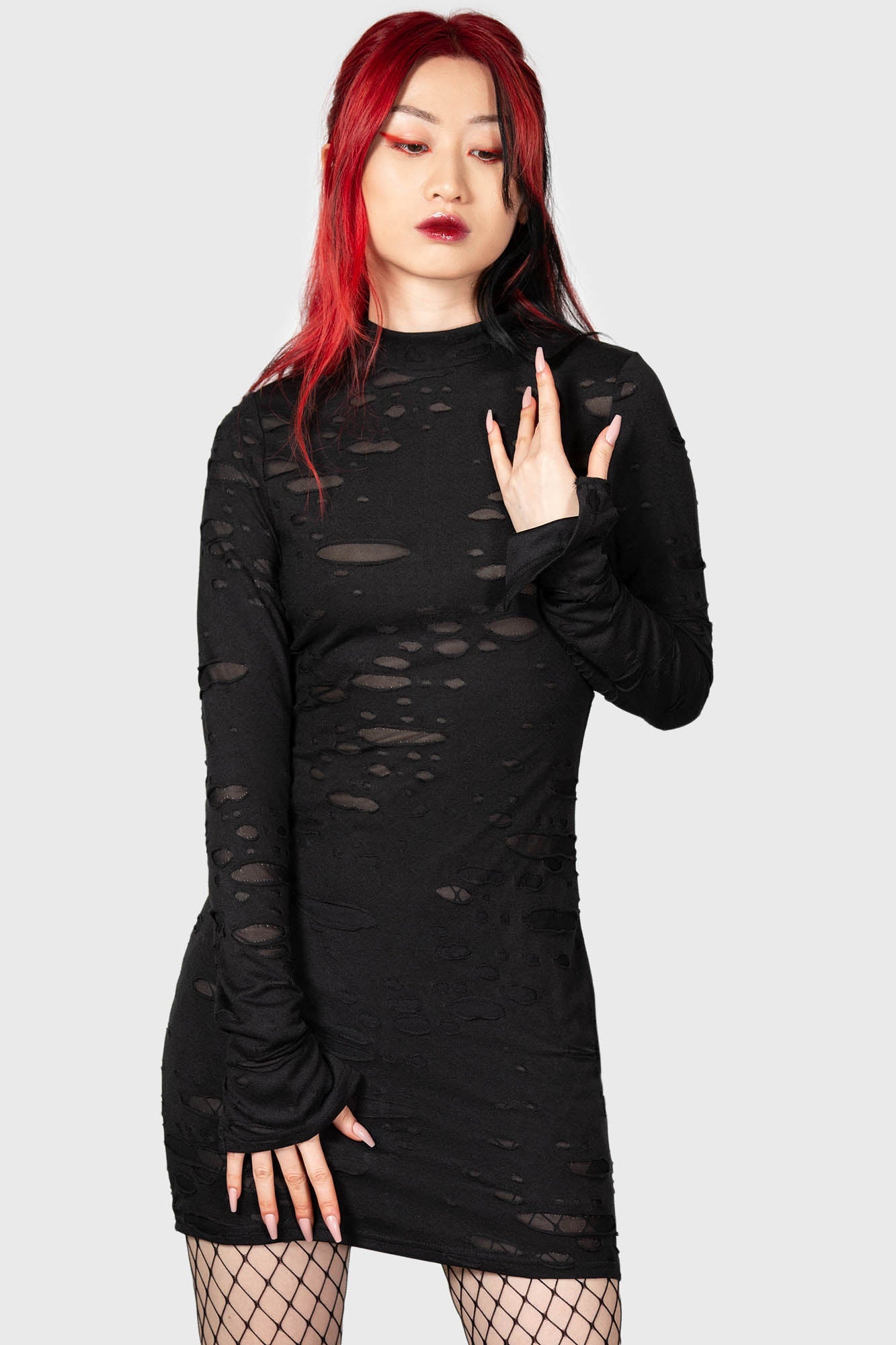 Killstar Sinners Glimmer Distressed Long Sleeve Dress