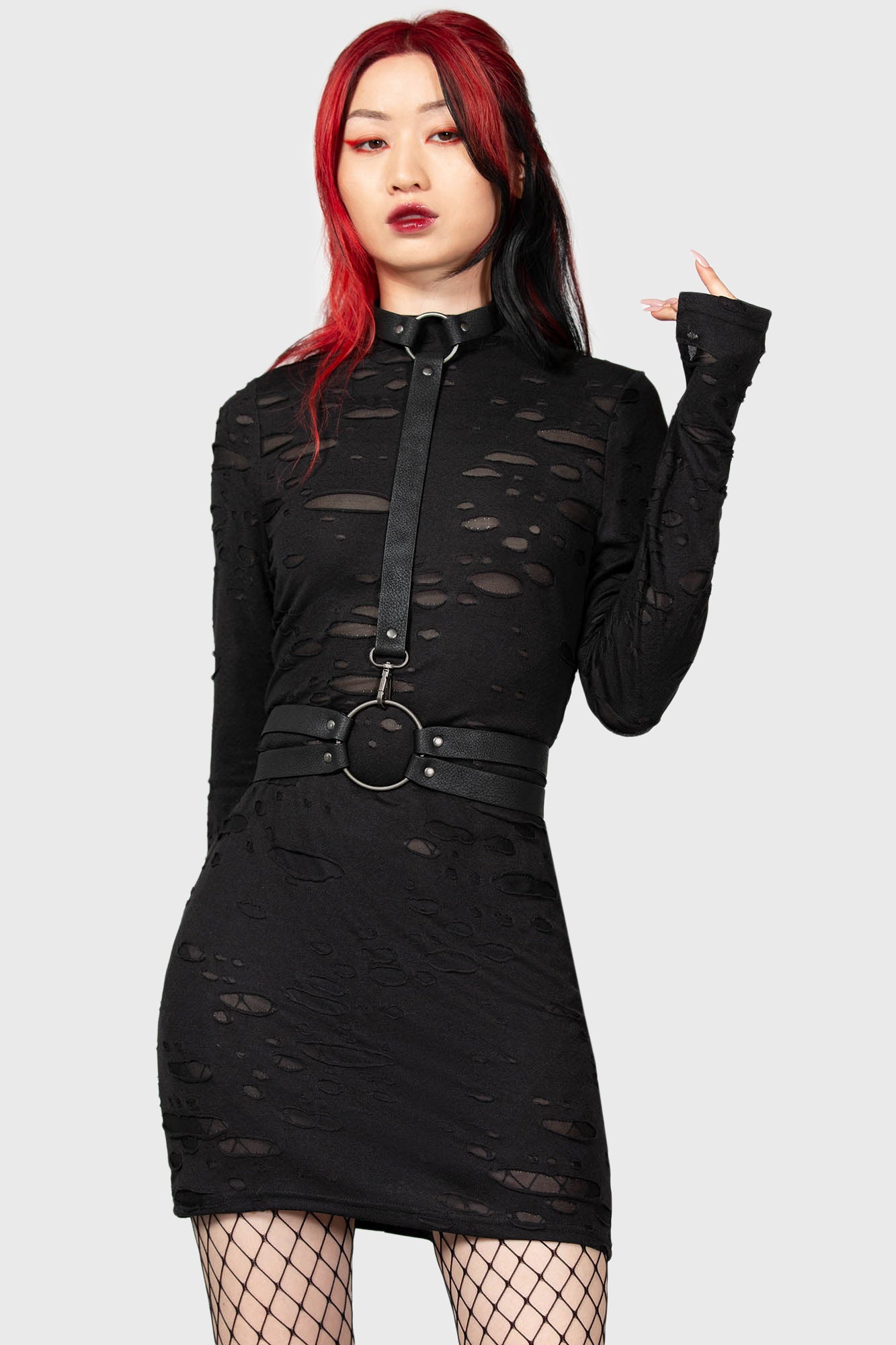 Killstar Sinners Glimmer Distressed Long Sleeve Dress
