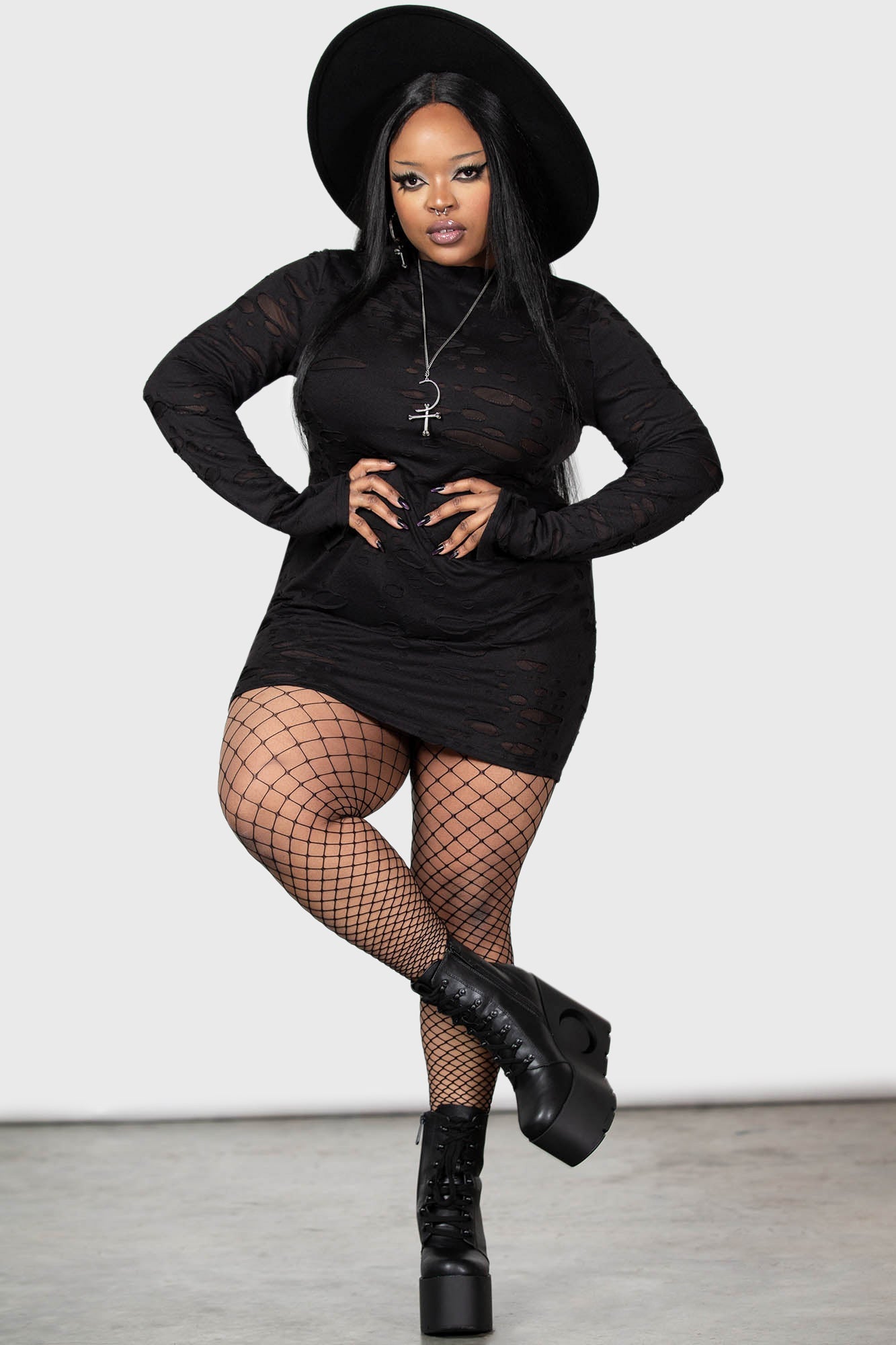 Killstar Sinners Glimmer Distressed Long Sleeve Dress