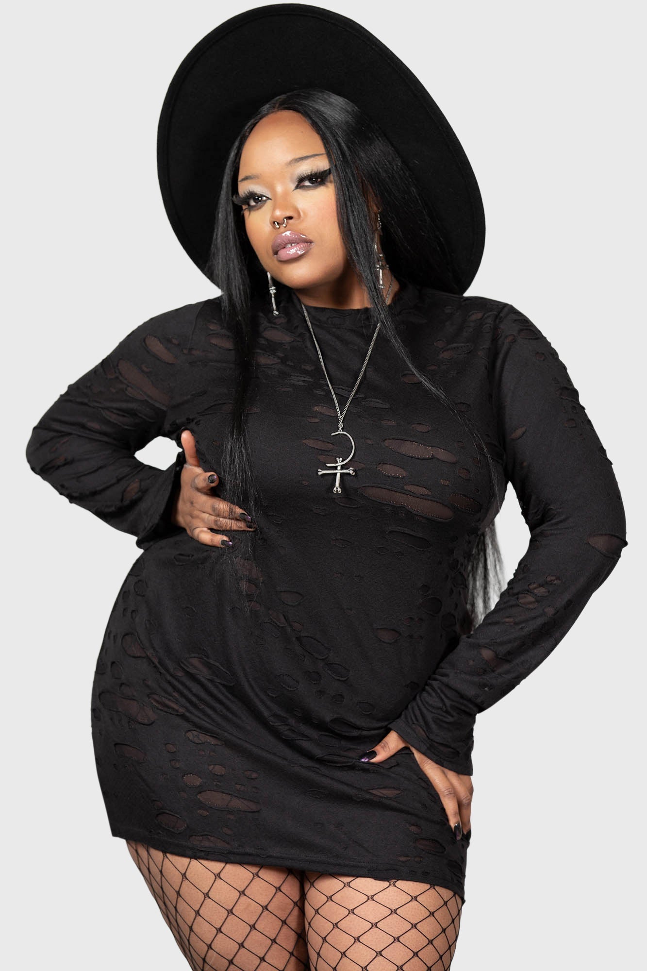 Killstar Sinners Glimmer Distressed Long Sleeve Dress