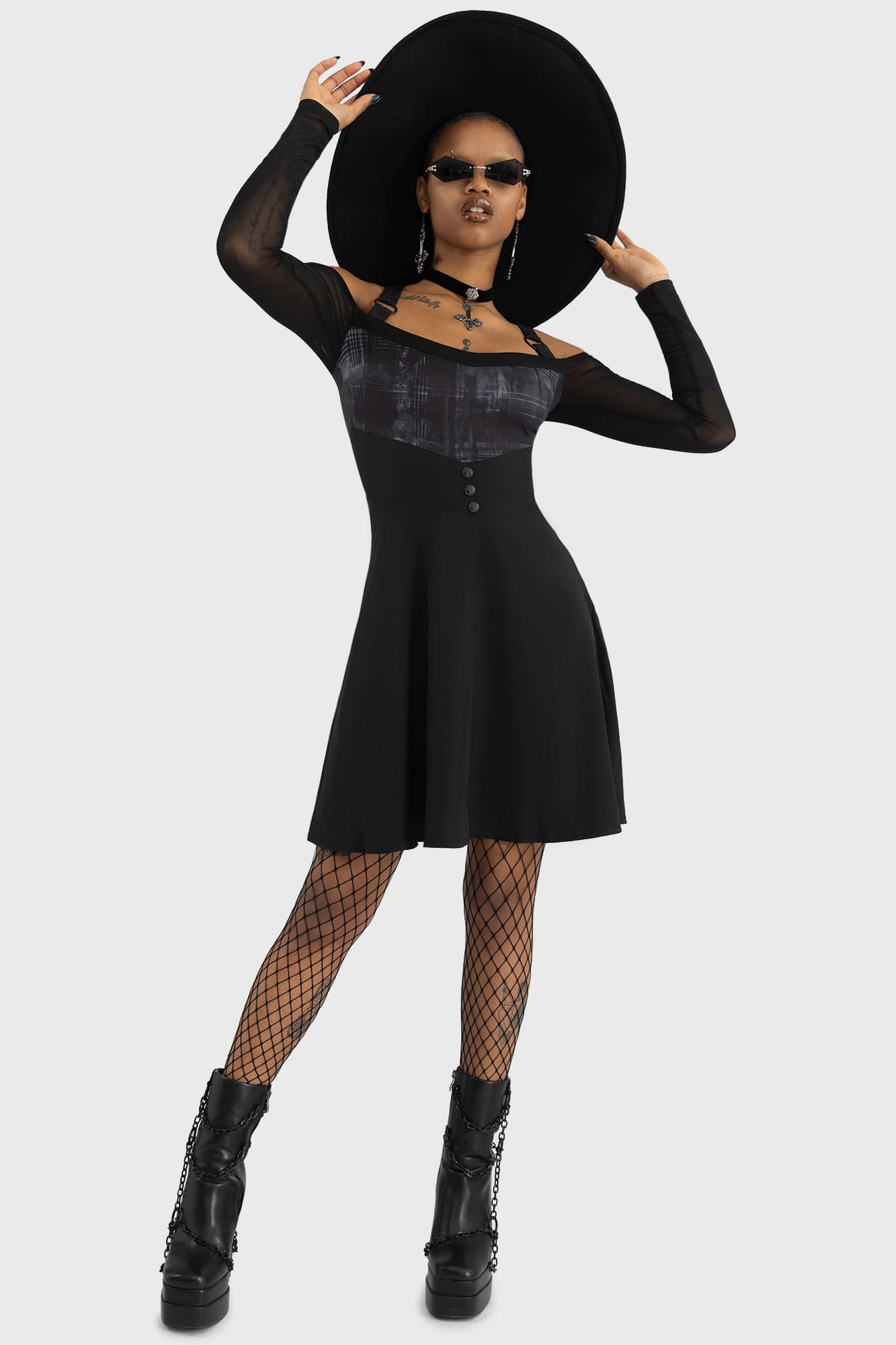 Killstar Stormcloud Mini Dress - Cold Shoulder & Fitted Black Gothic Style