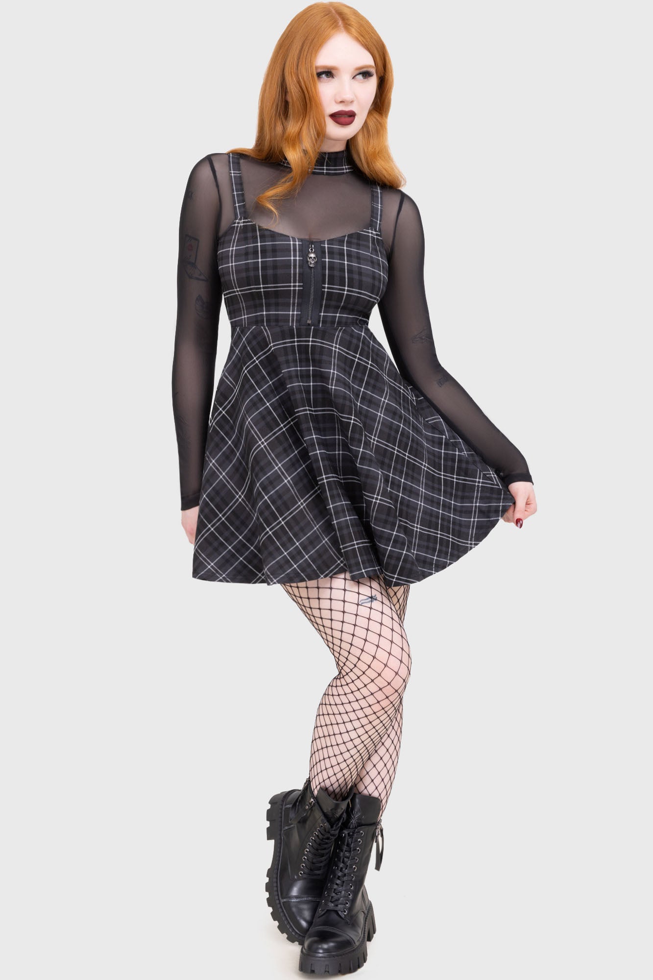 Killstar Tartan Riot Skater Dress with Mesh & Zip Detail - Grey