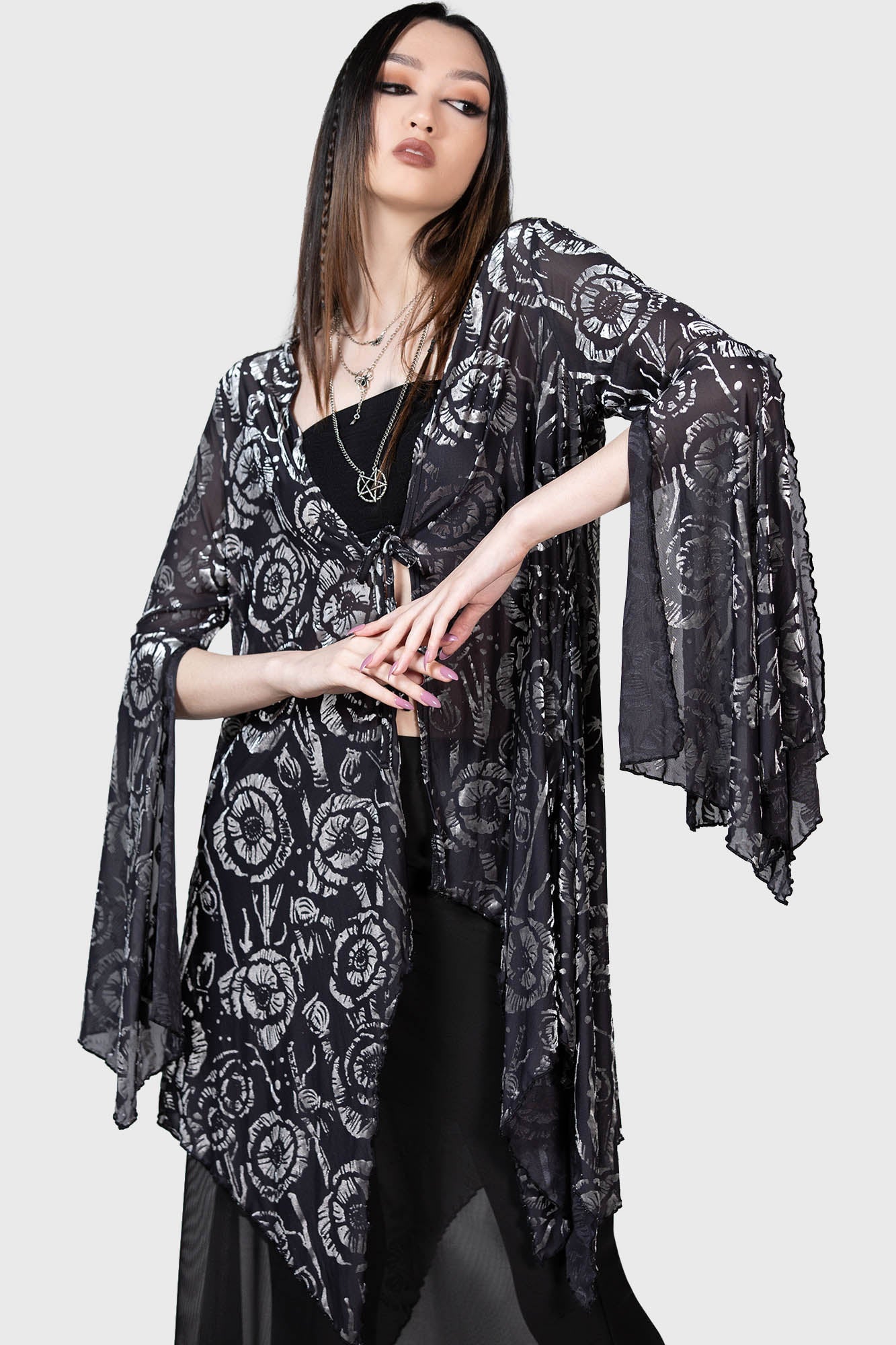 Killstar Flowering Fear Mesh Shawl with Tie Front & Waterfall Sleeves