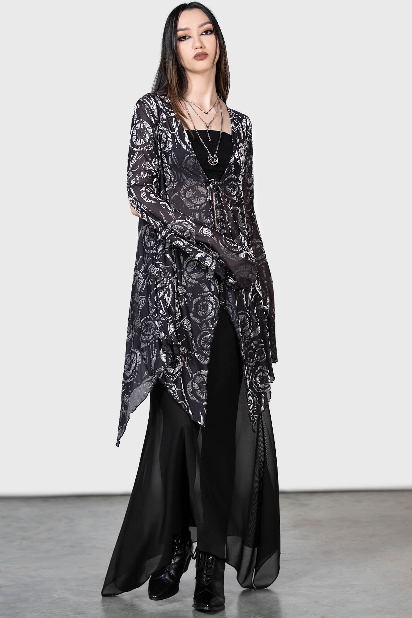 Killstar Flowering Fear Mesh Shawl with Tie Front & Waterfall Sleeves