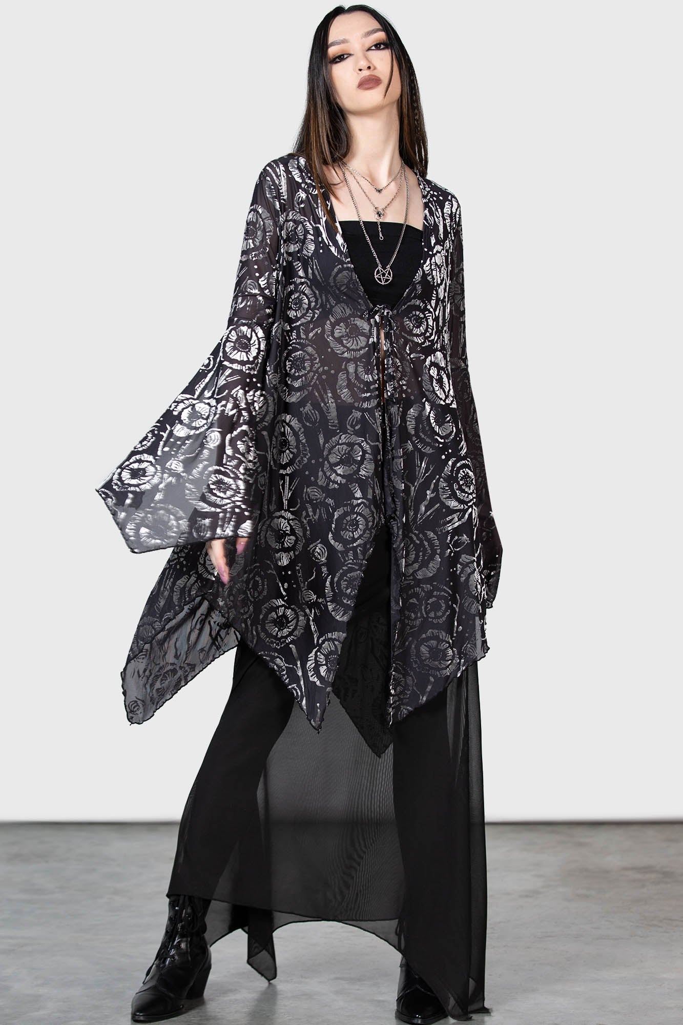 Killstar Flowering Fear Mesh Shawl with Tie Front & Waterfall Sleeves